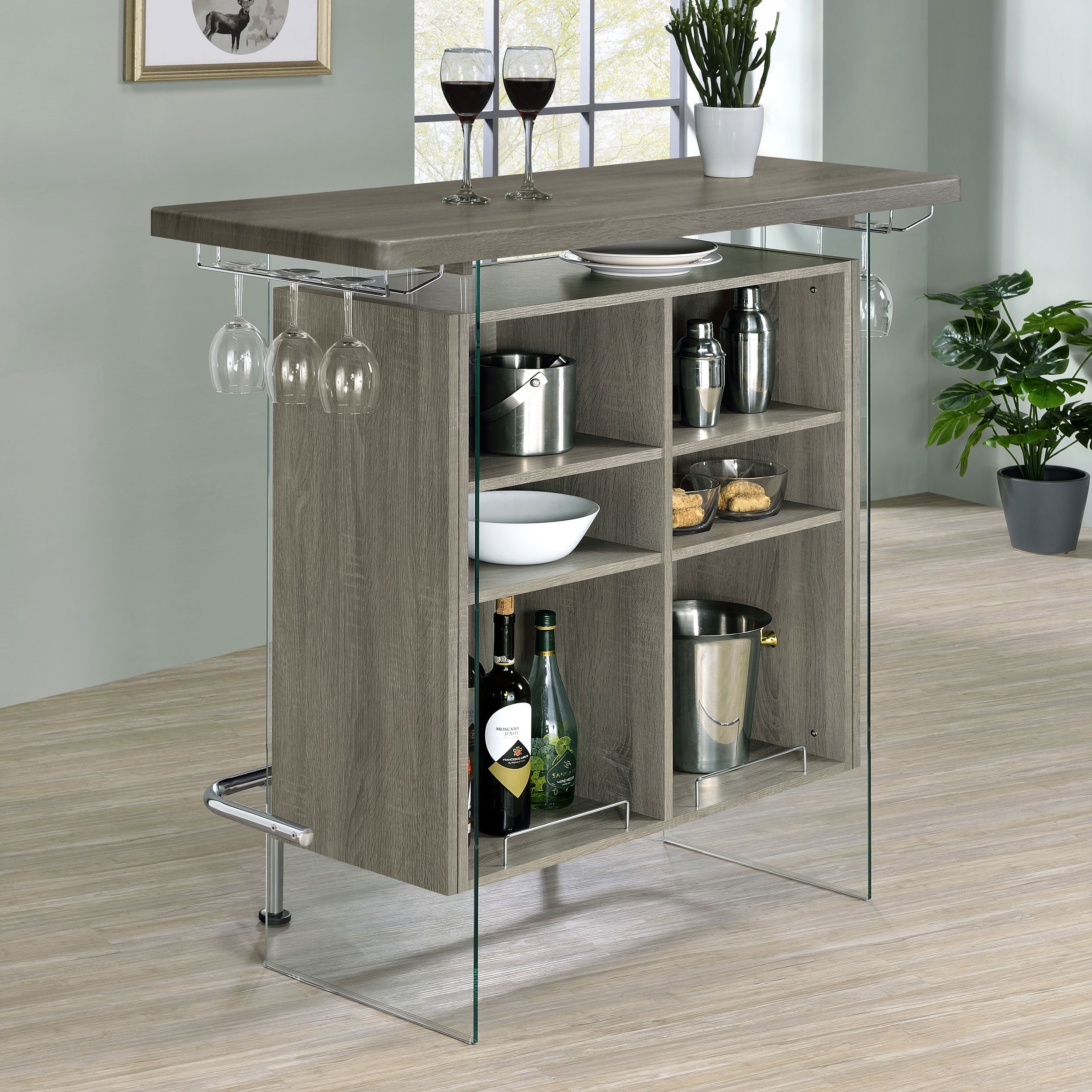 Acosta Rectangular Bar Unit with Footrest and Glass Side Panels Home Bar Grey