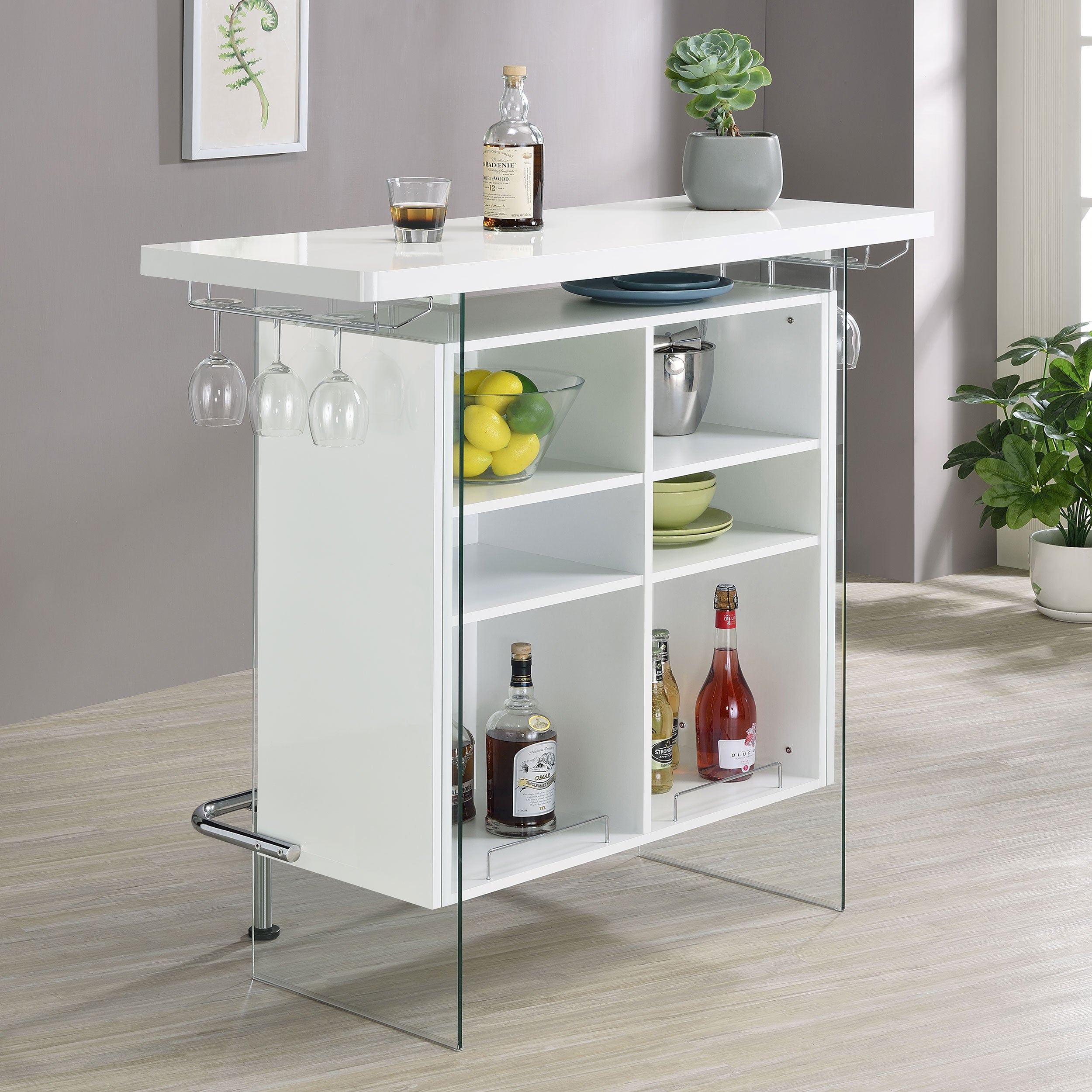 Acosta Rectangular Bar Unit with Footrest and Glass Side Panels Home Bar White