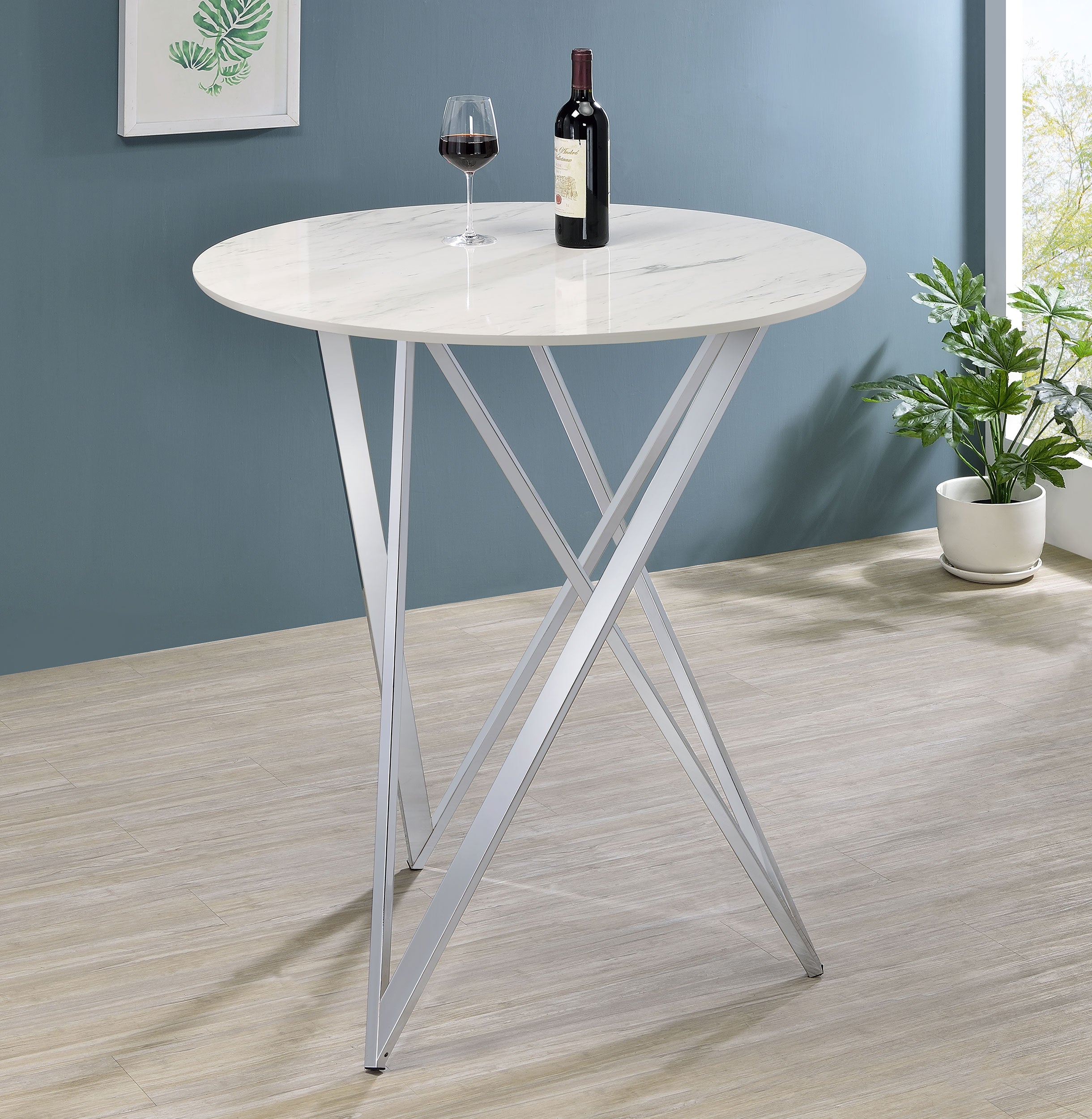 Bexter Faux Marble Round Top Bar Table White and Chrome