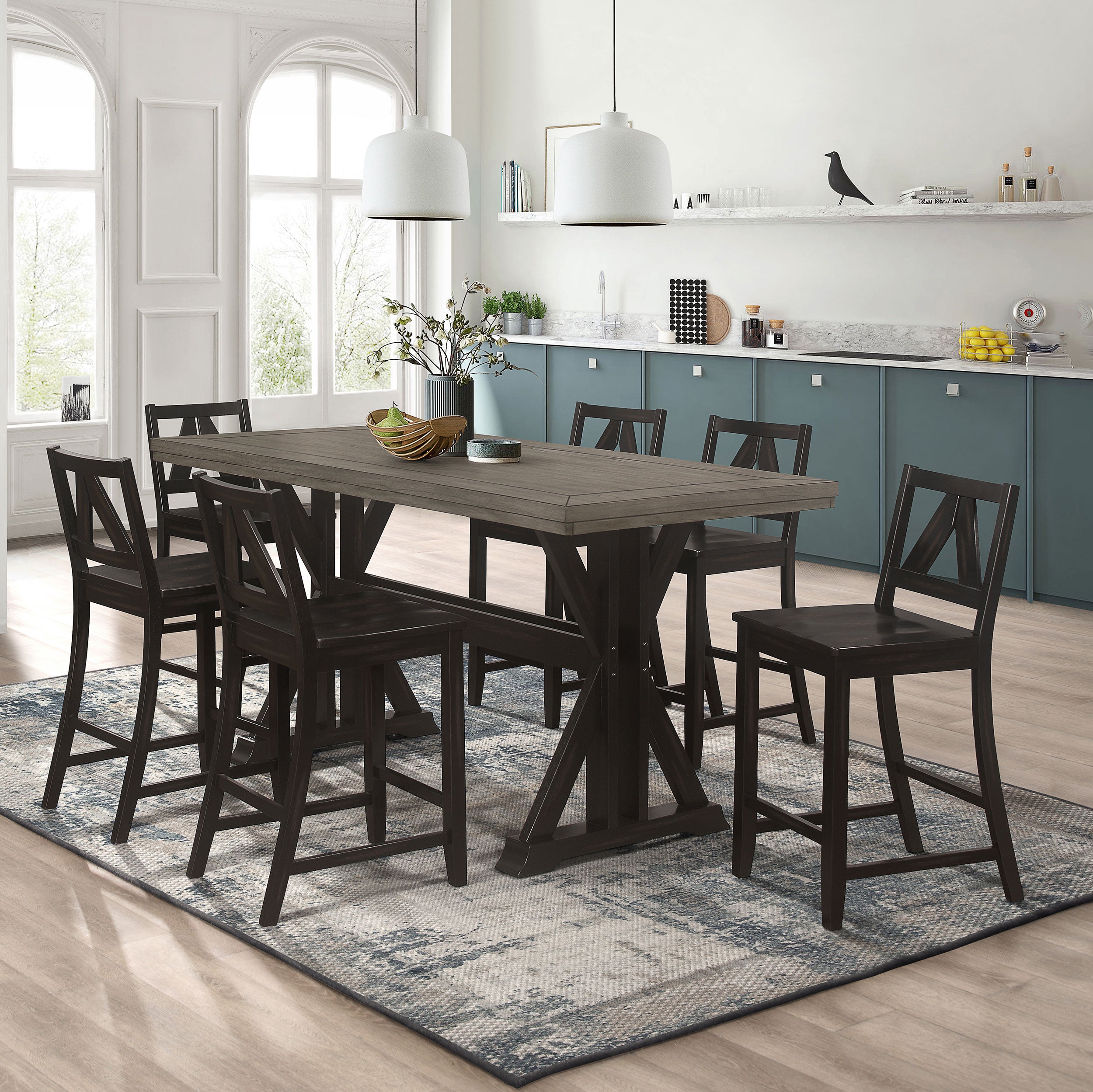 Bairn 7-piece Rectangular Counter Height Dining Set Barn Grey and Black Sand