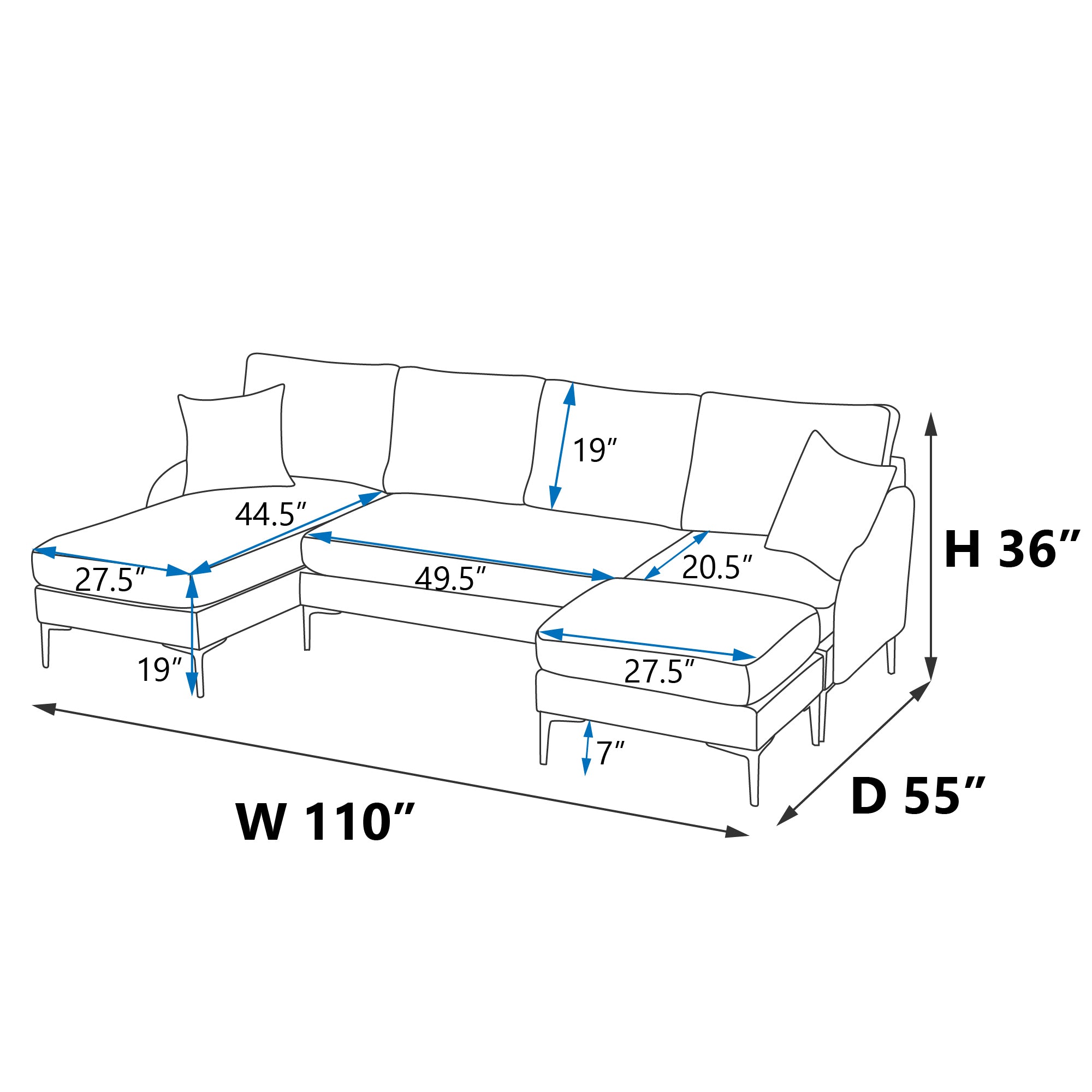 110'' Wide Reversible Left or Right Chaise of Sectional Sofa U-Shape Convertible Sofa Couch 4-Seat Couch with Chaise Lounge Upholstered for Living Room, Apartment, Office, Charcoal Polyester Blend