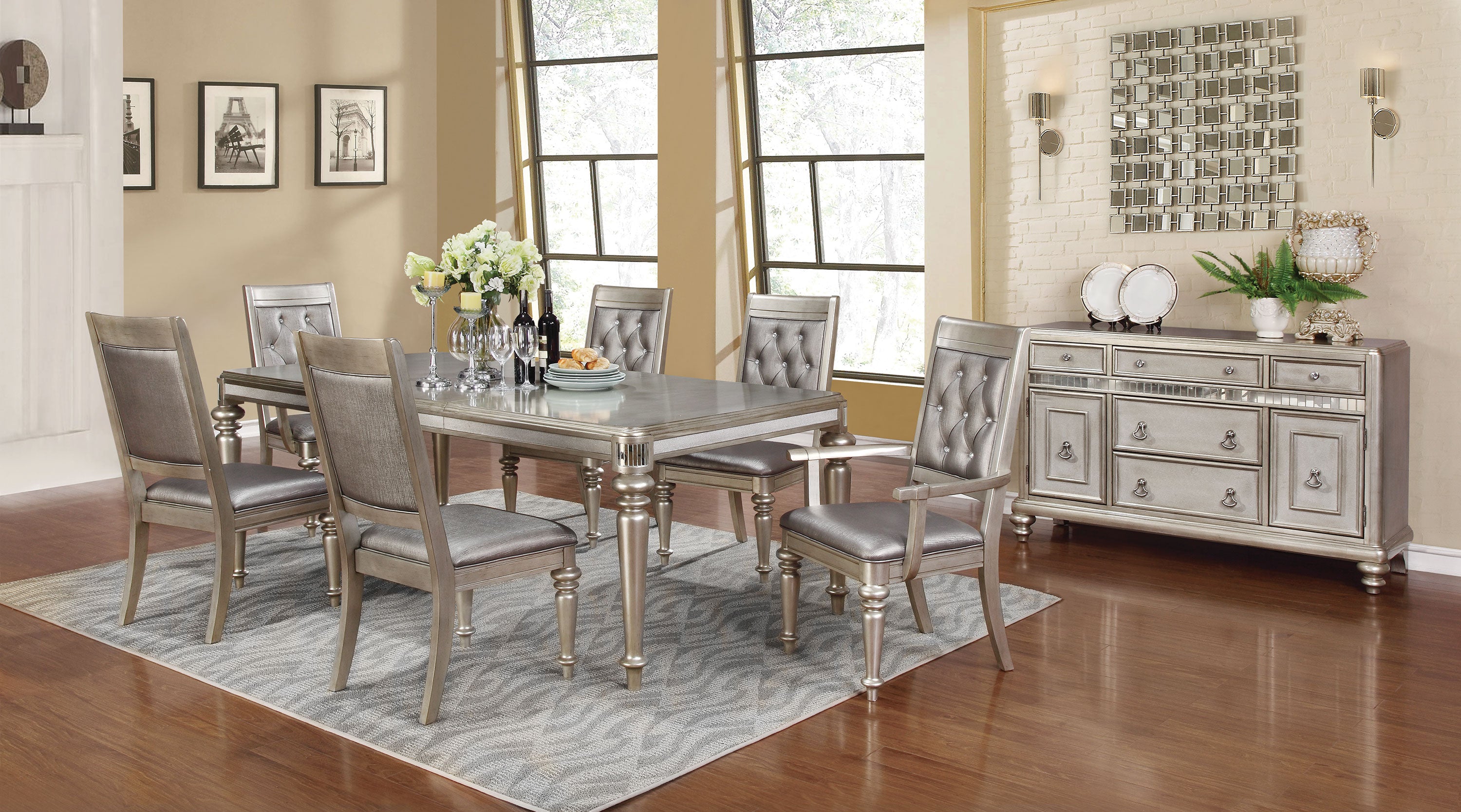 Bling Game Dining Room Set Metallic Platinum Dining Table Silver