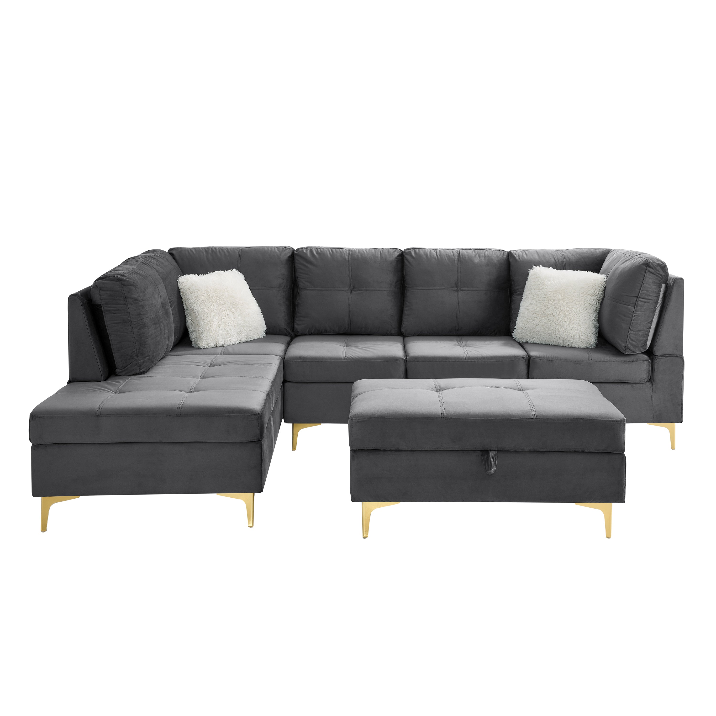 103" Velvet Sectional Sofa, L Shape Corner Couch with Storage Ottoman for Living Room, Gray Fabric, Pocket Coil Spring in Seats, Chaise face Left