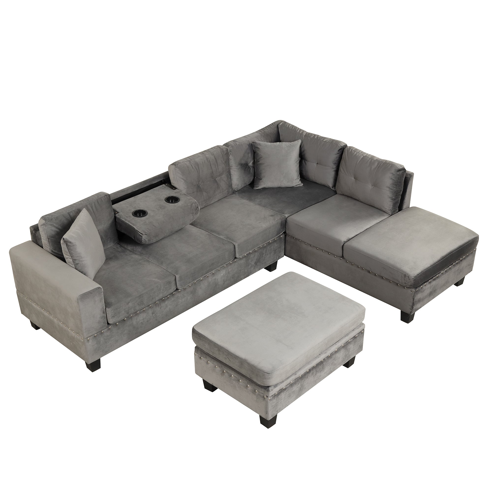 104.5" Modern Sectional Sofa with Storage Ottoman, L-Shape Couch with 2 Pillows and Cup Holder,Sectional Sofa with Reversible Chaise for Living Room,Gray