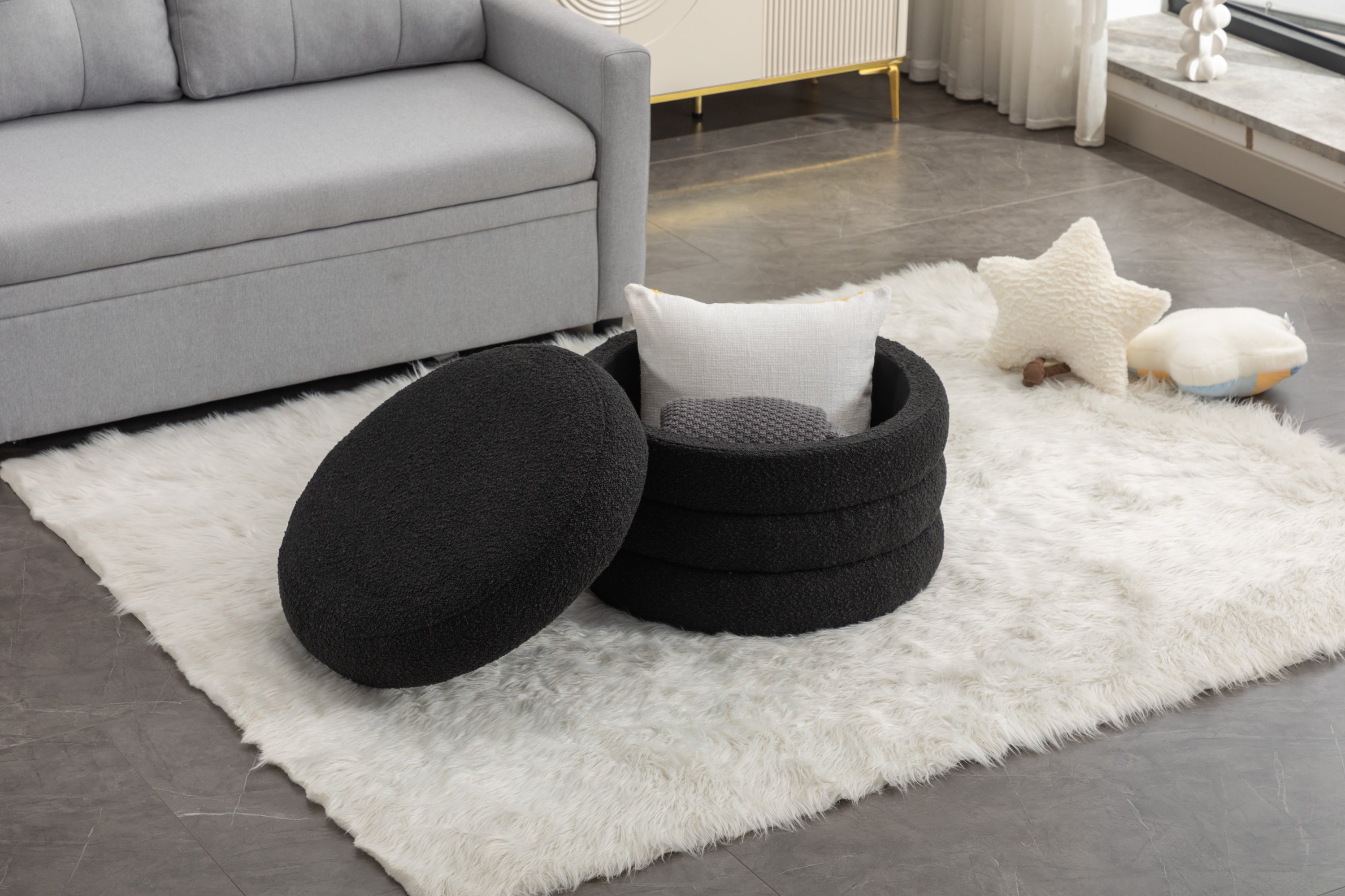 007-Boucle Fabric Storage Round Ottoman Footstool With Wooden Shelving,Black