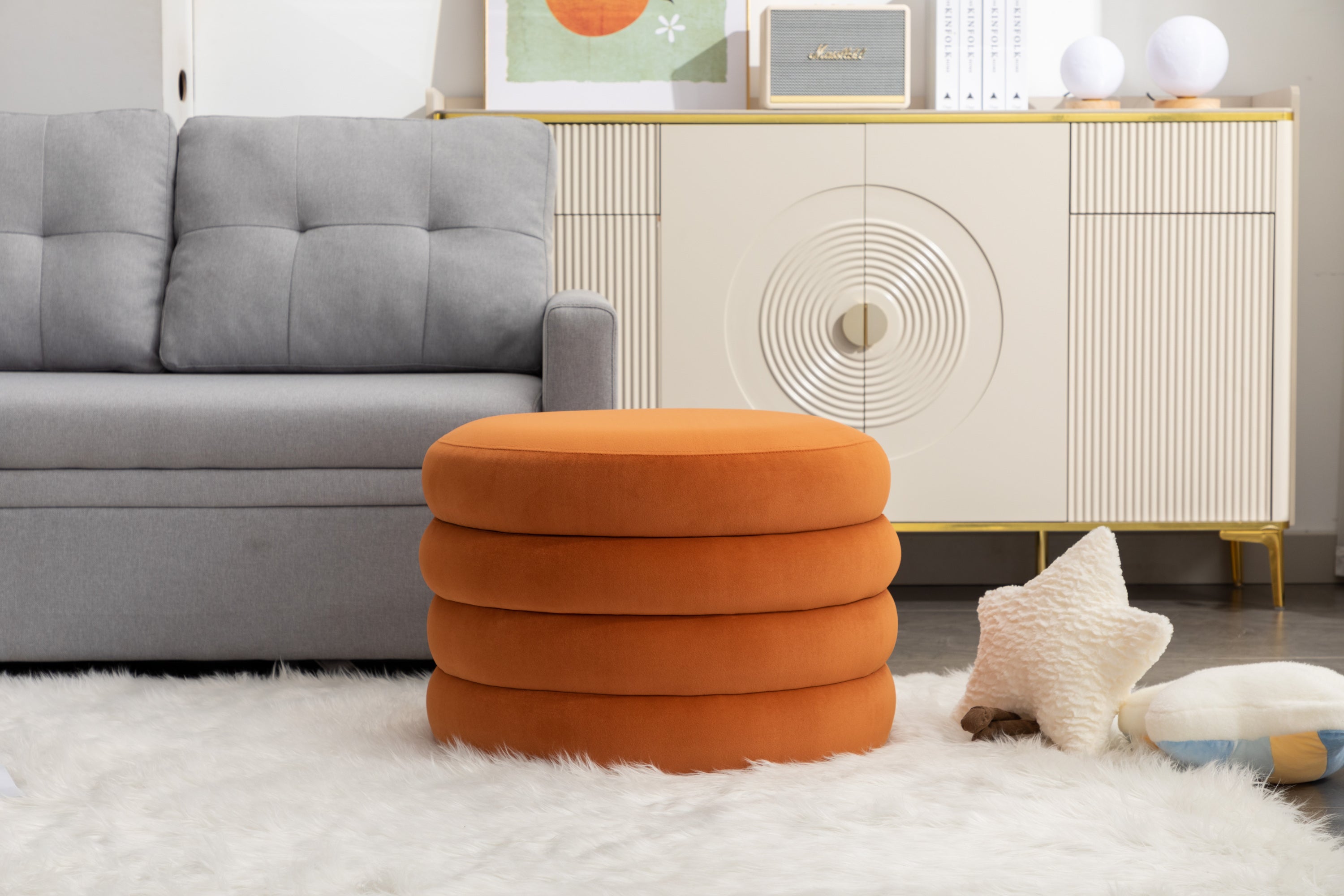 007-Velvet Fabric Storage Round Ottoman Footstool With Wooden Shelving,Orange