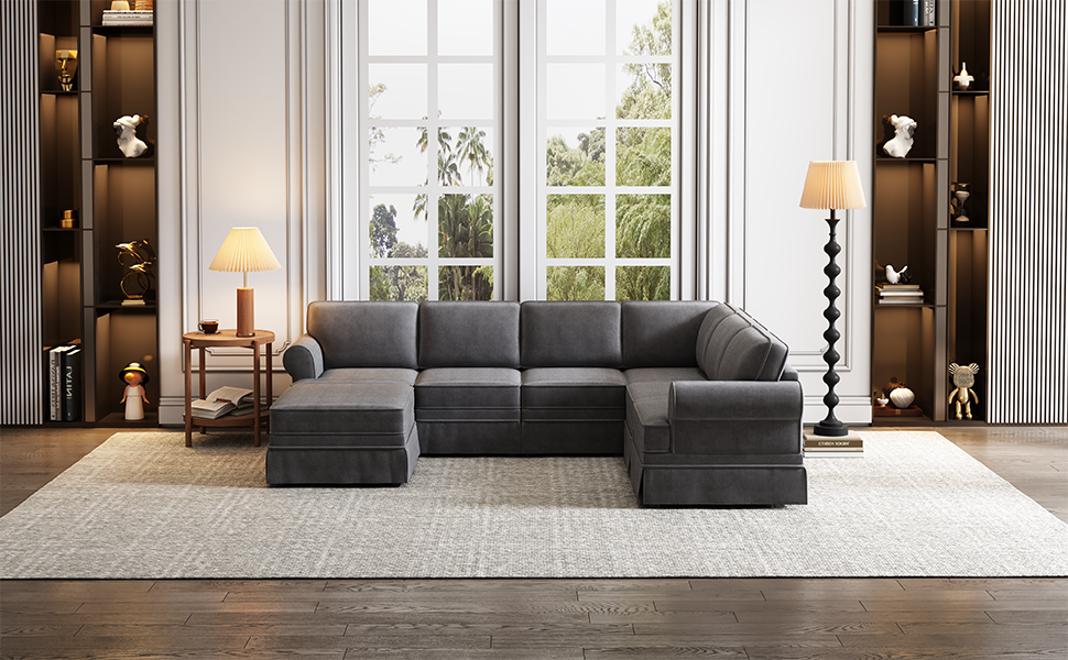 108.6" Fabric Upholstered Modular Sofa Collection, Modular Customizable ,Sectional Couch with removable Ottoman for Living Room, Gray