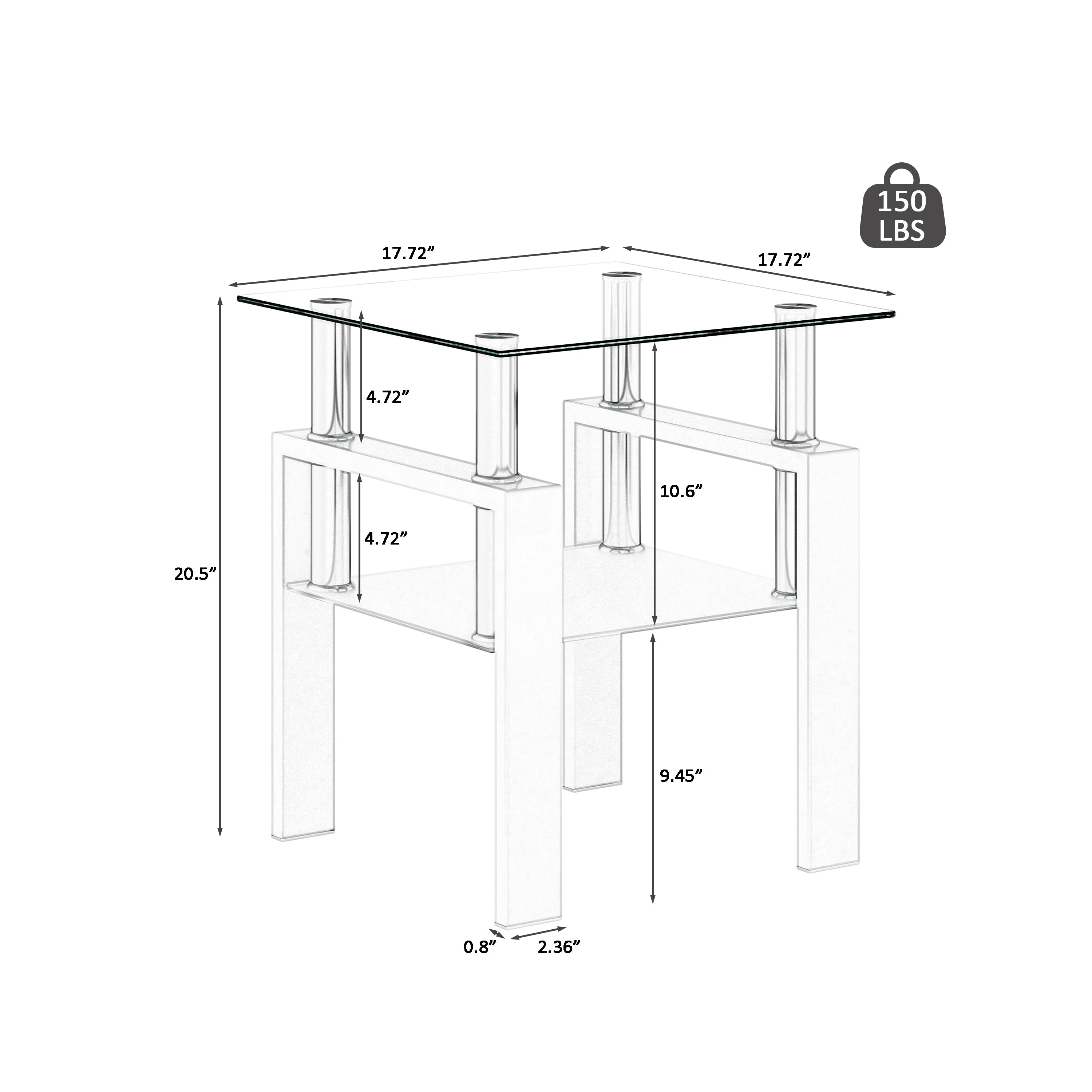 1-Piece Modern Tempered Glass Tea Table Coffee Table End Table, Square Table for Living Room, Transparent/White