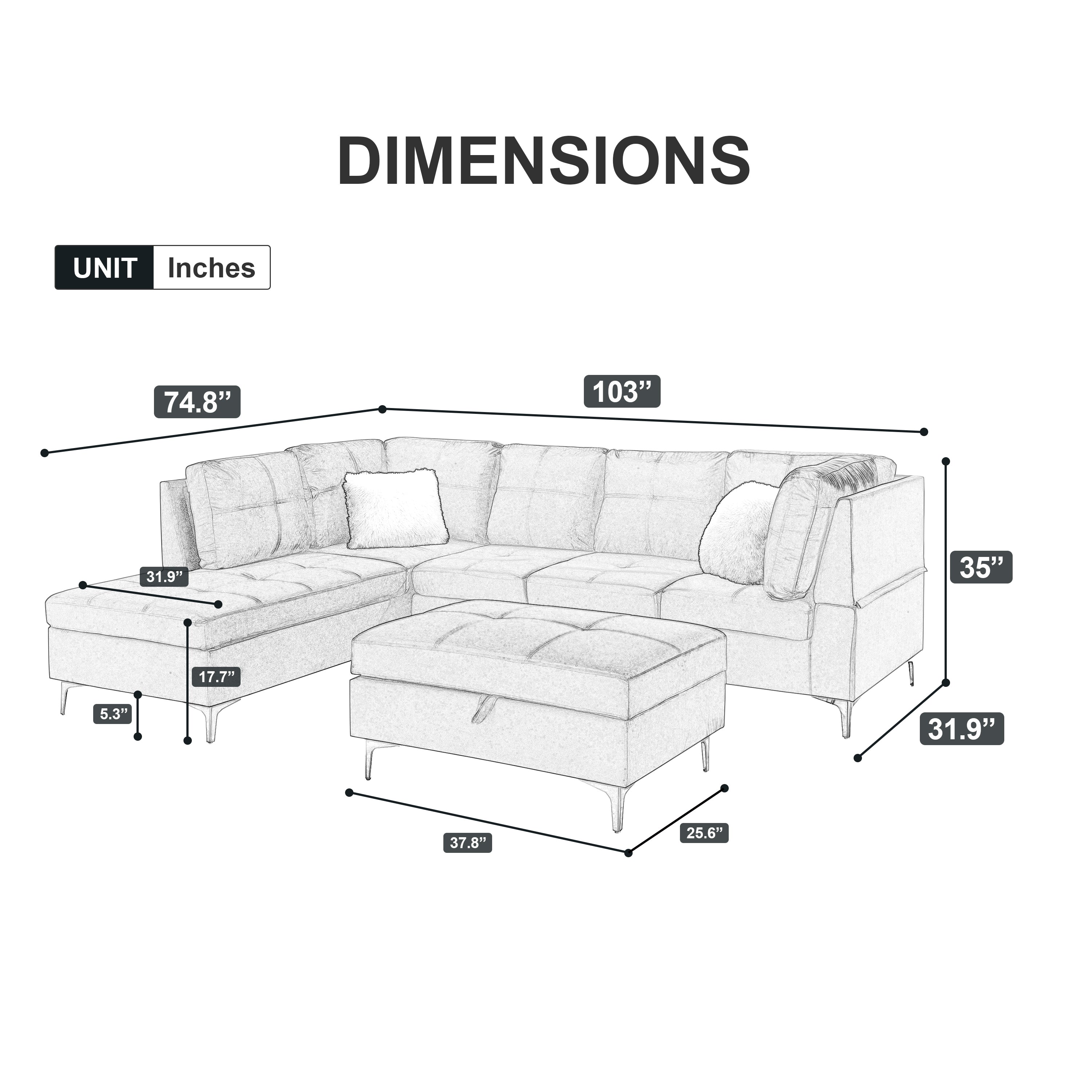 103" Velvet Sectional Sofa, L Shape Corner Couch with Storage Ottoman for Living Room, Gray Fabric, Pocket Coil Spring in Seats, Chaise face Left