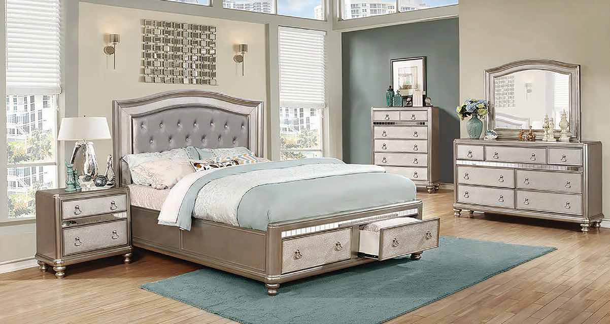 Bling Game Storage Bedroom Set Metallic Platinum Eastern King 4 Pc Set