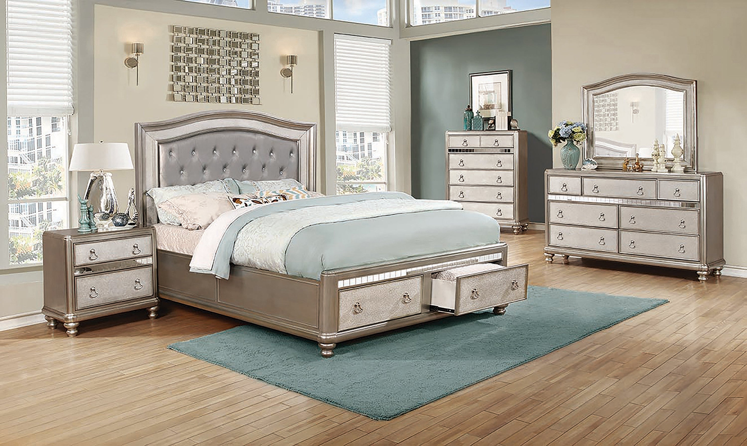 Bling Game Storage Bedroom Set Metallic Platinum Eastern King 5 Pc Set