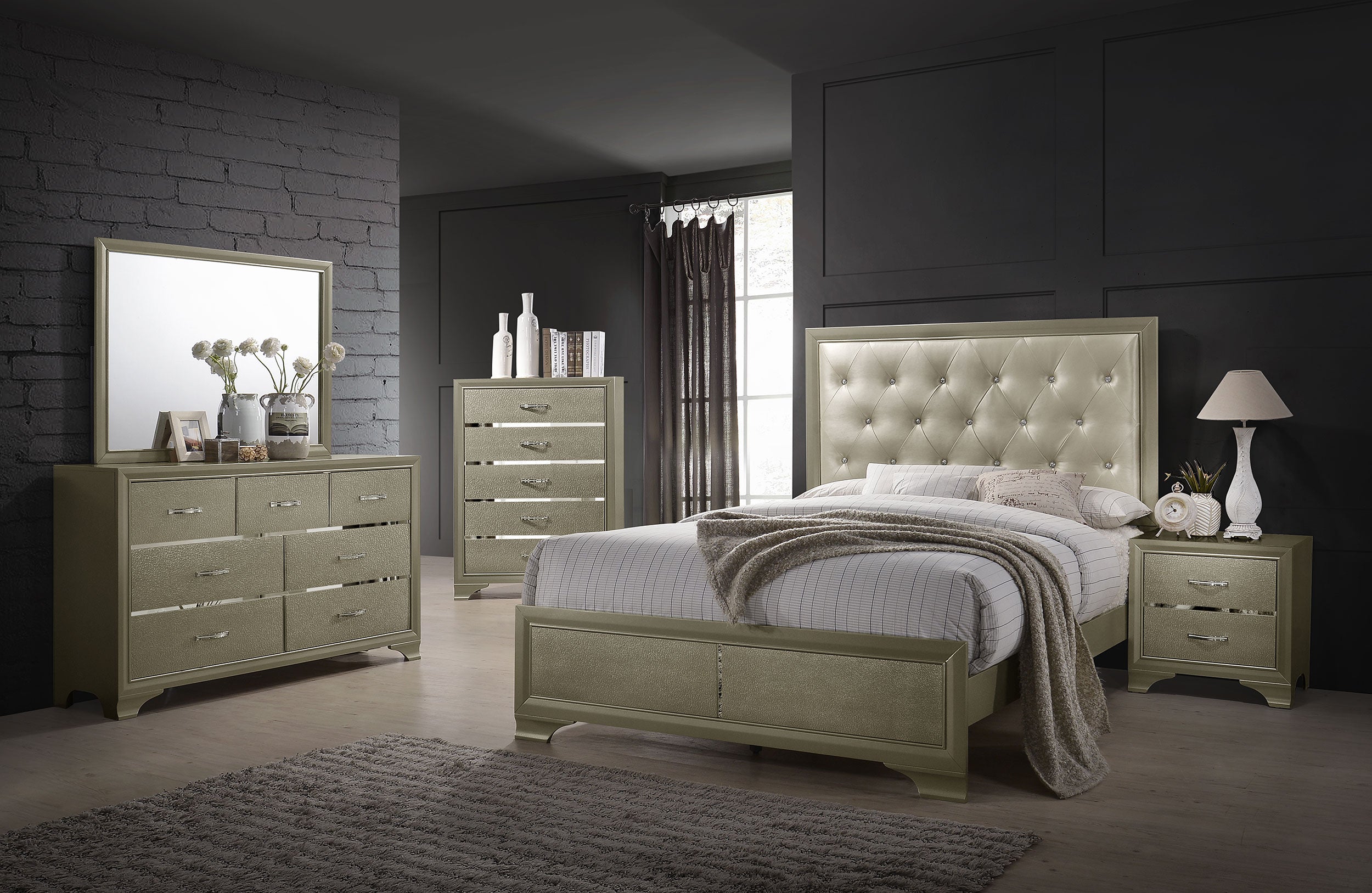 Beaumont Bedroom Set Metallic Champagne Eastern King 4 Pc Set