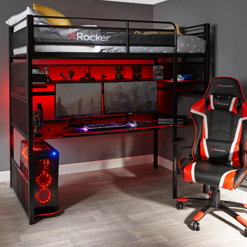 BattleBunk Gaming Bunk Bed with Built-In Gaming Desk, Black/Red, Twin