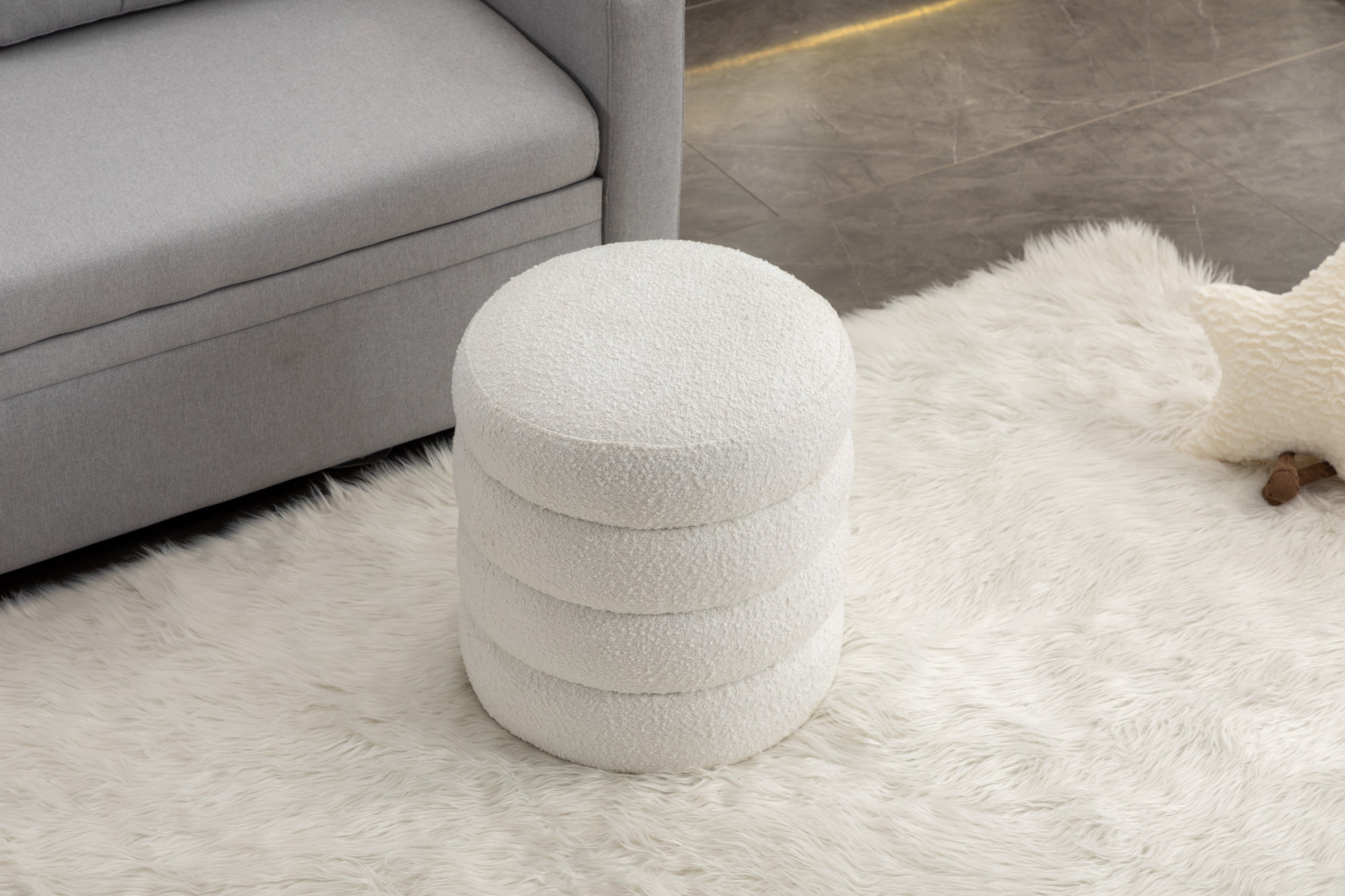 006-Soft Boucle Round Ottoman Footrest Stool,White