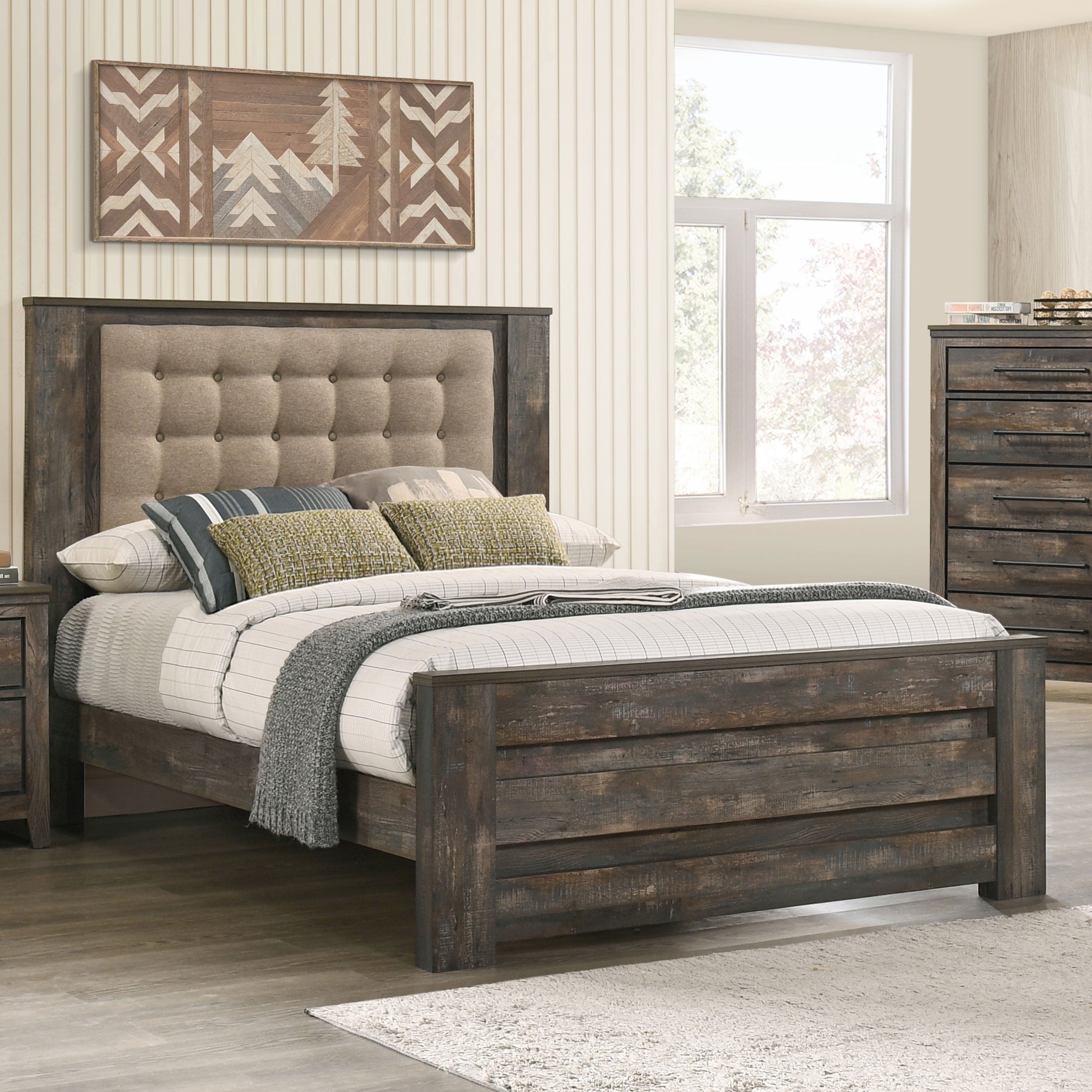 Ridgedale Tufted Headboard Queen Bed Latte and Weathered Dark Brown