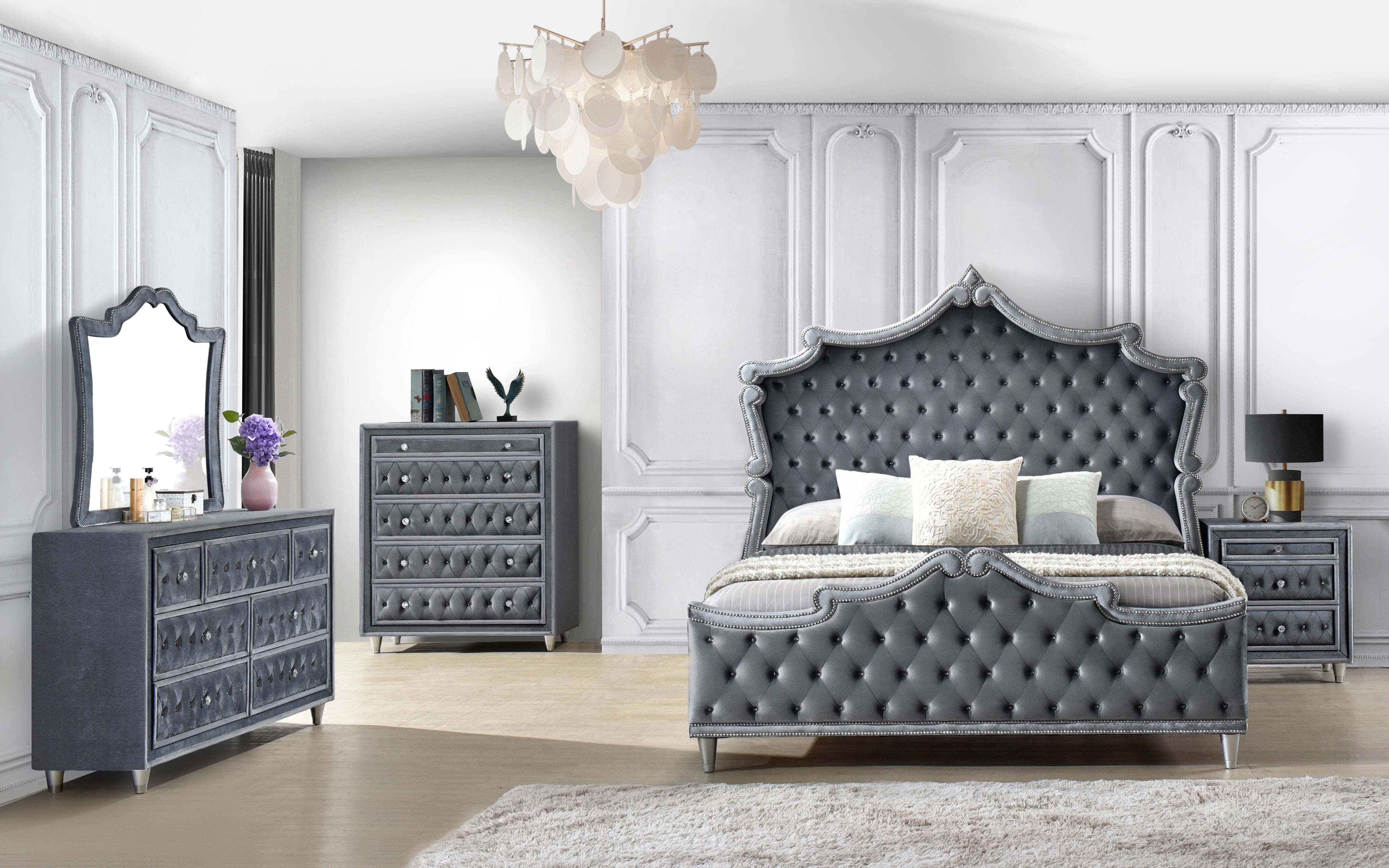 Antonella 4-Piece California King Upholstered Tufted Bedroom Set Grey California King 5 Pc Set