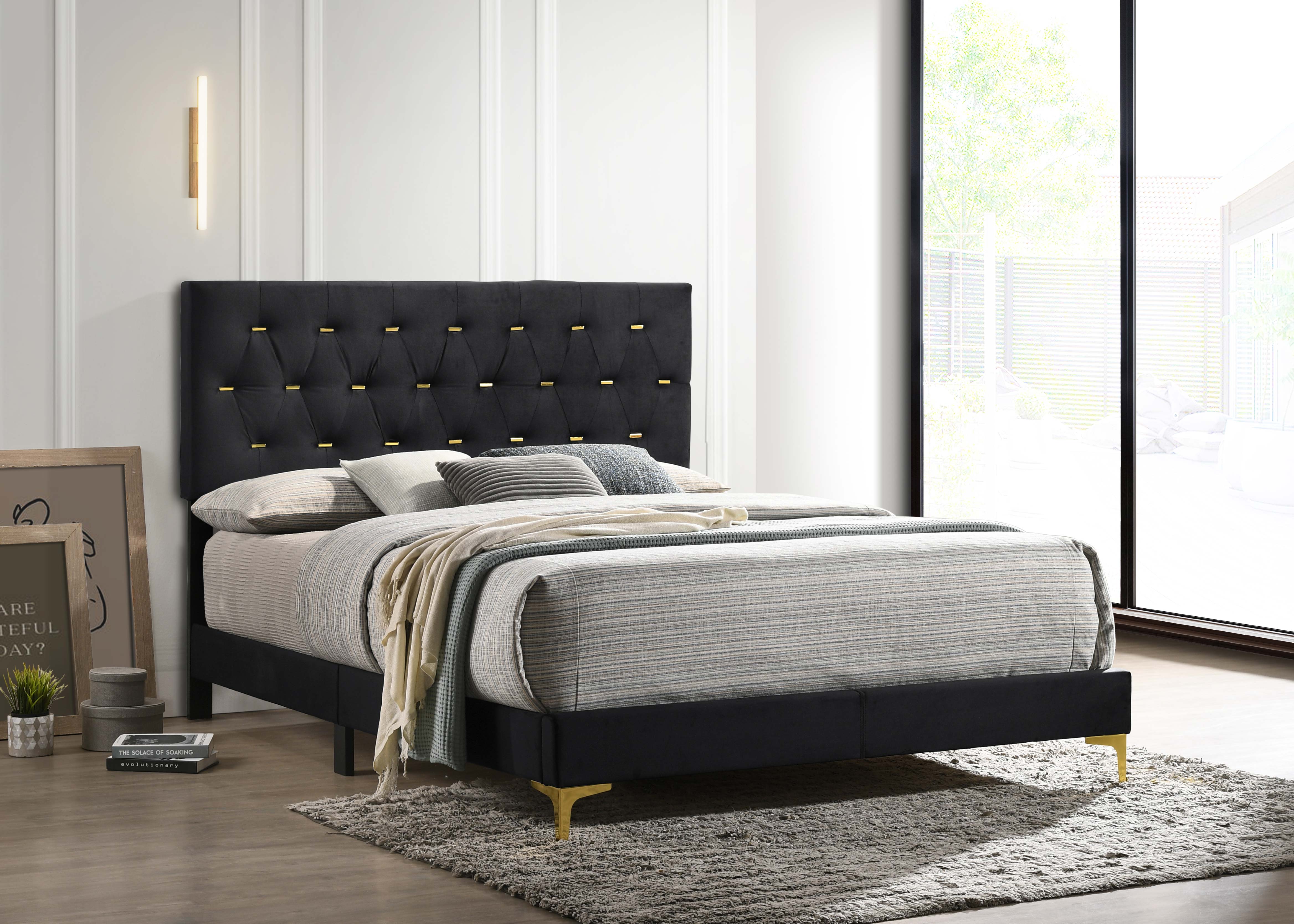 Kendall Tufted Panel Queen Bed Black and Gold