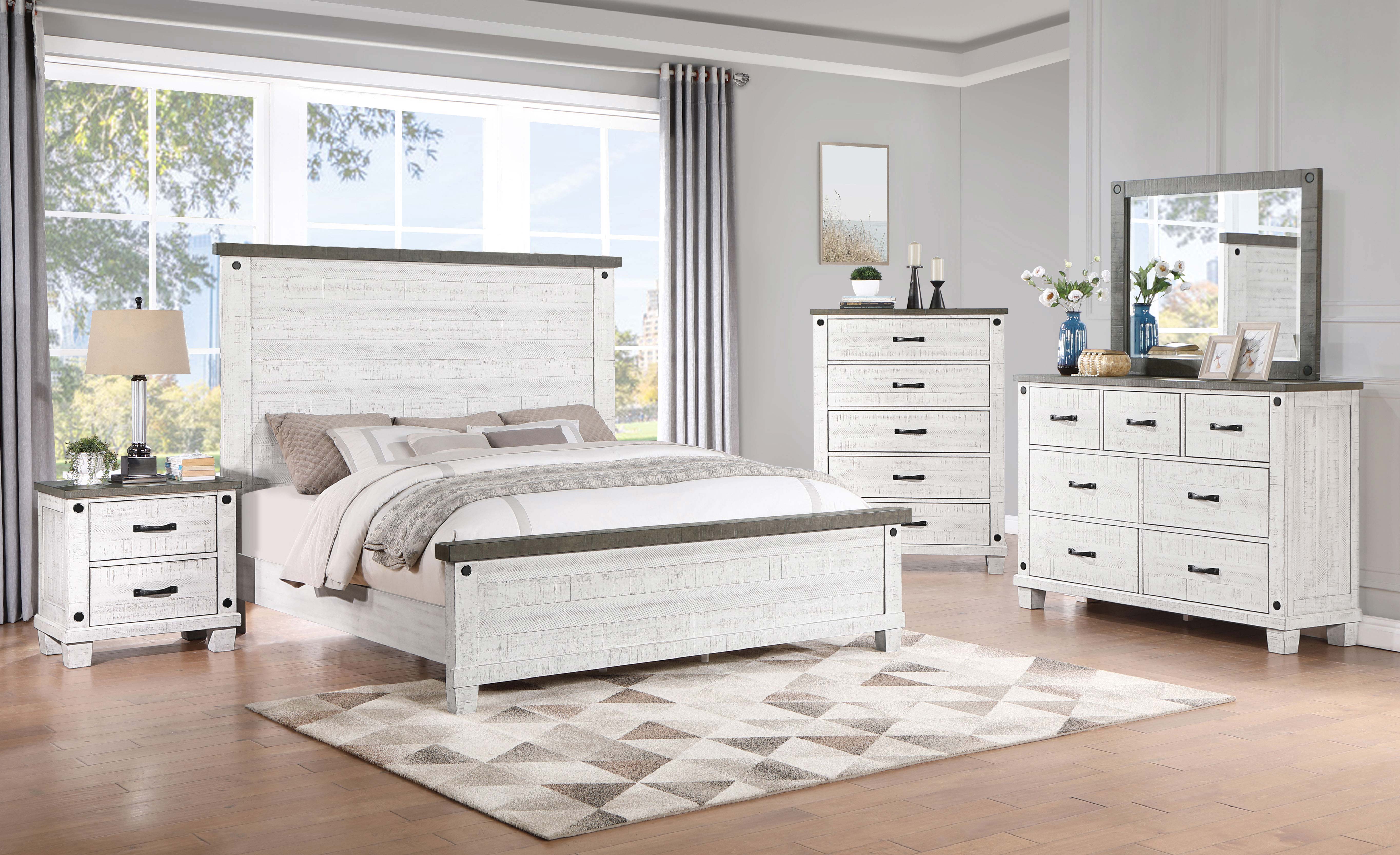 Lilith Queen Panel Bed Distressed Grey and White