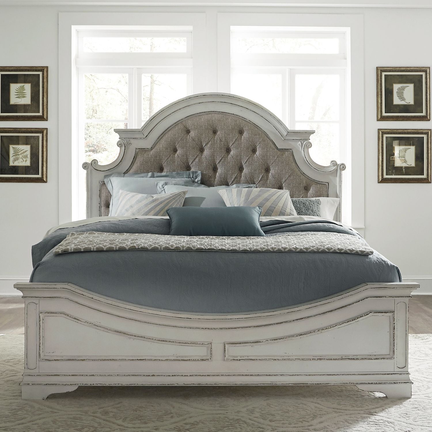 Akdeniz King California Upholstered Bed, Dresser & Mirror, Chest