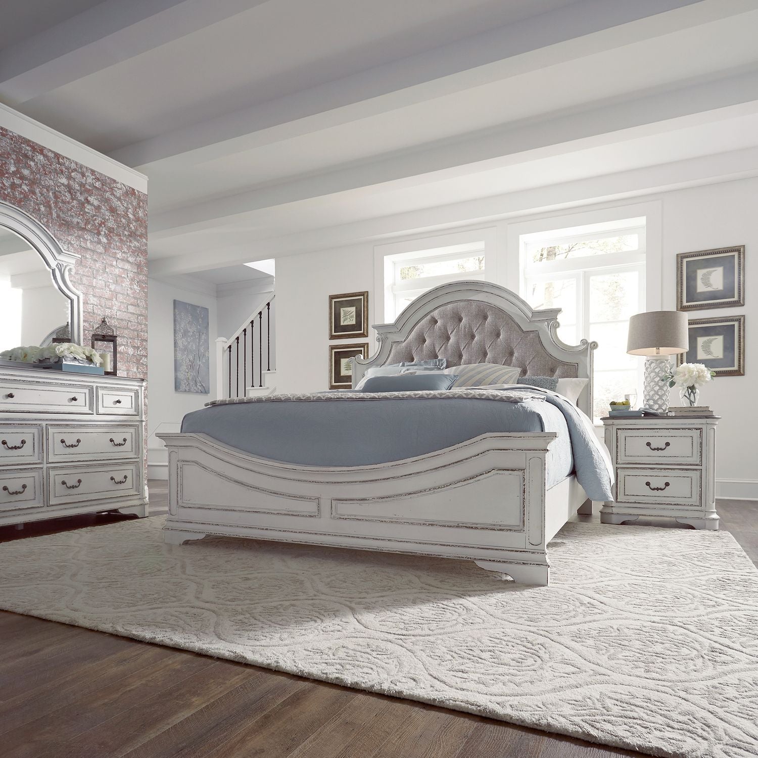 Conjure King Upholstered Bed, Dresser & Mirror, Night Stand