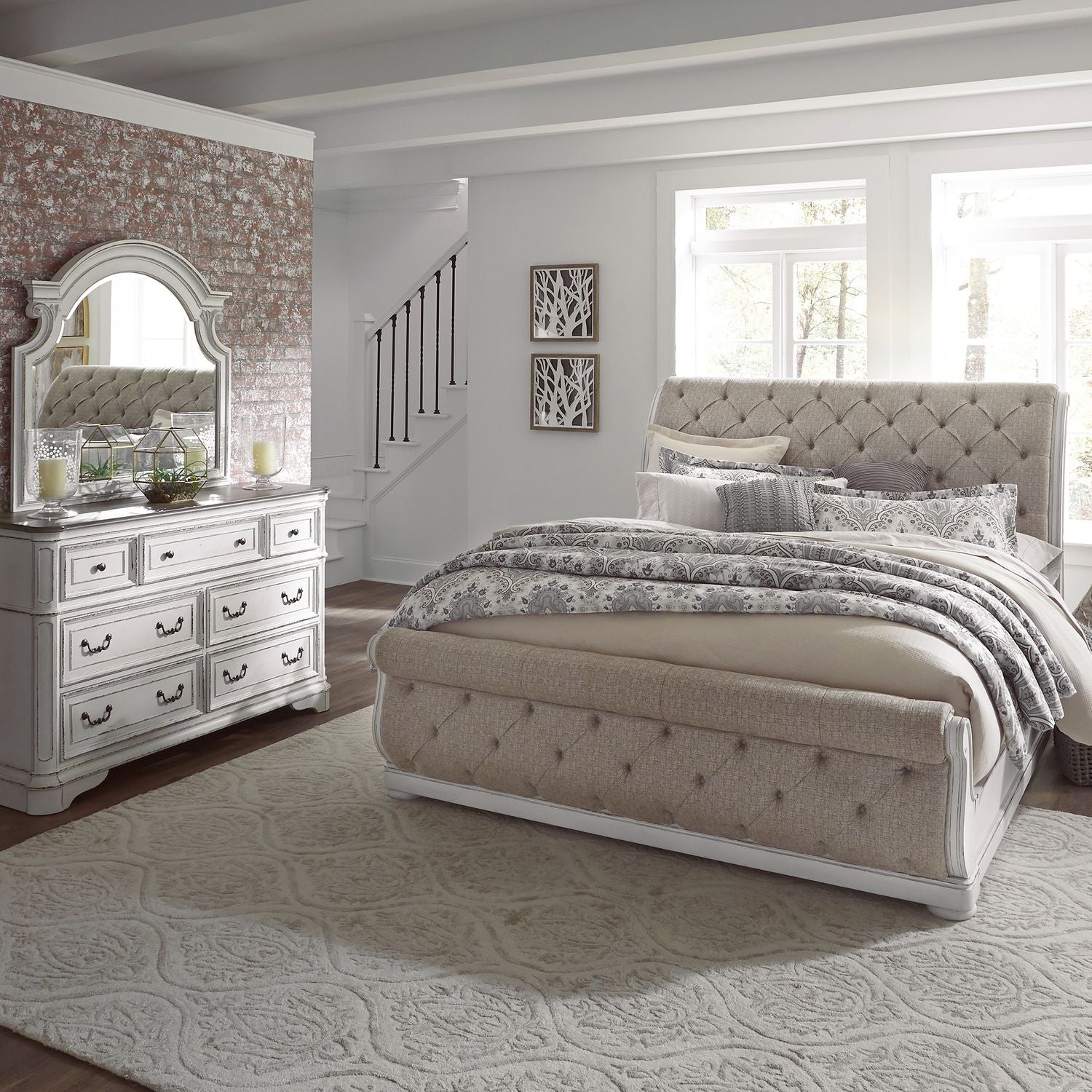 Amirea King Upholstered Sleigh Bed, Dresser & Mirror