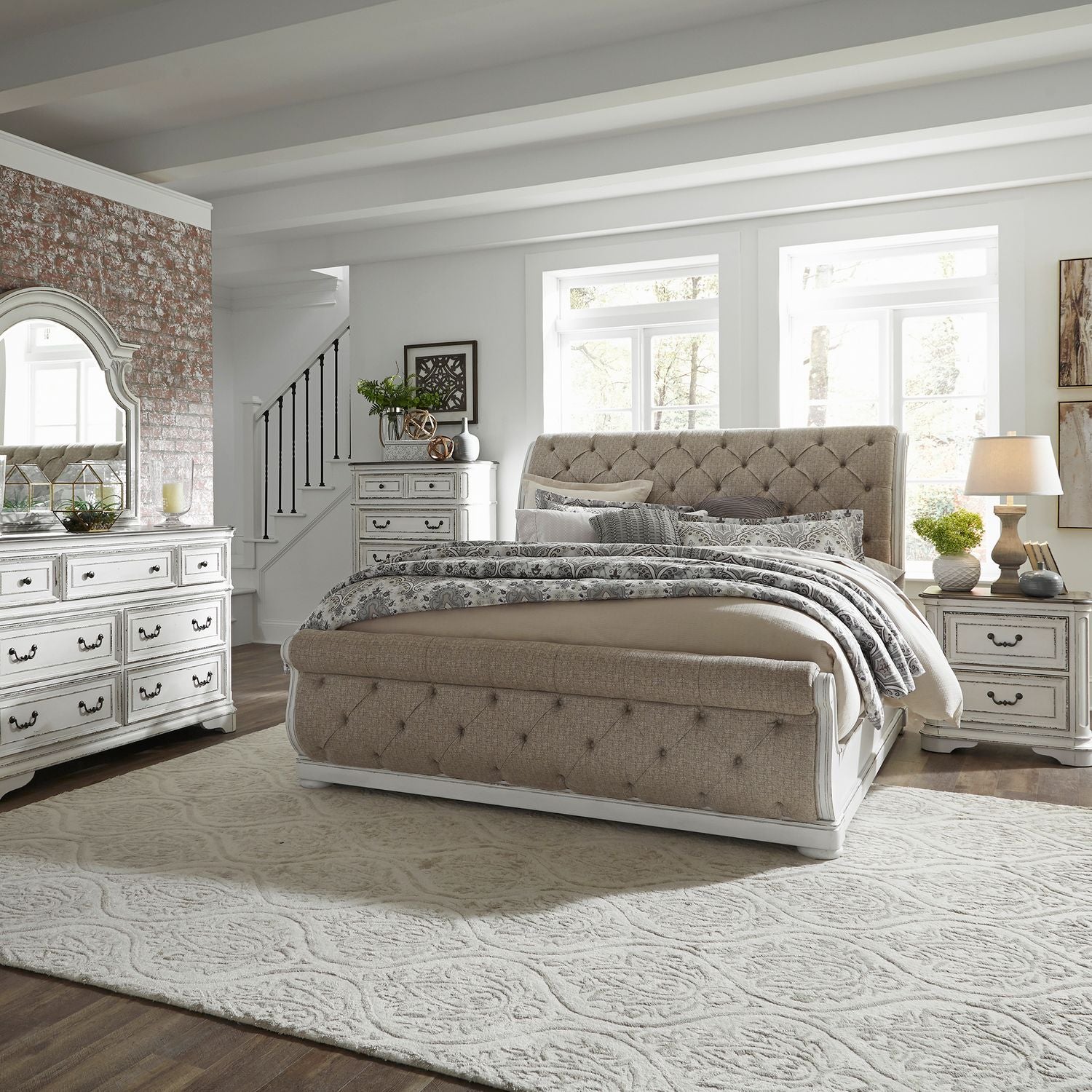 Analea Queen Upholstered Sleigh Bed, Dresser & Mirror, Chest, Night Stand