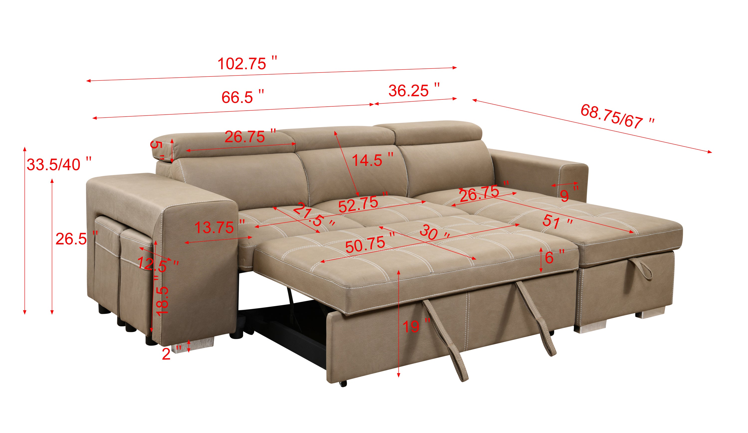 105 inch Reversible Sectional Sofa with Storage Chaise and 2 Stools, with Adjustable Headrest, Sleeper Contemporary Corner Sectional with Pull-Out Sleeper and Chaise ,Light Brown