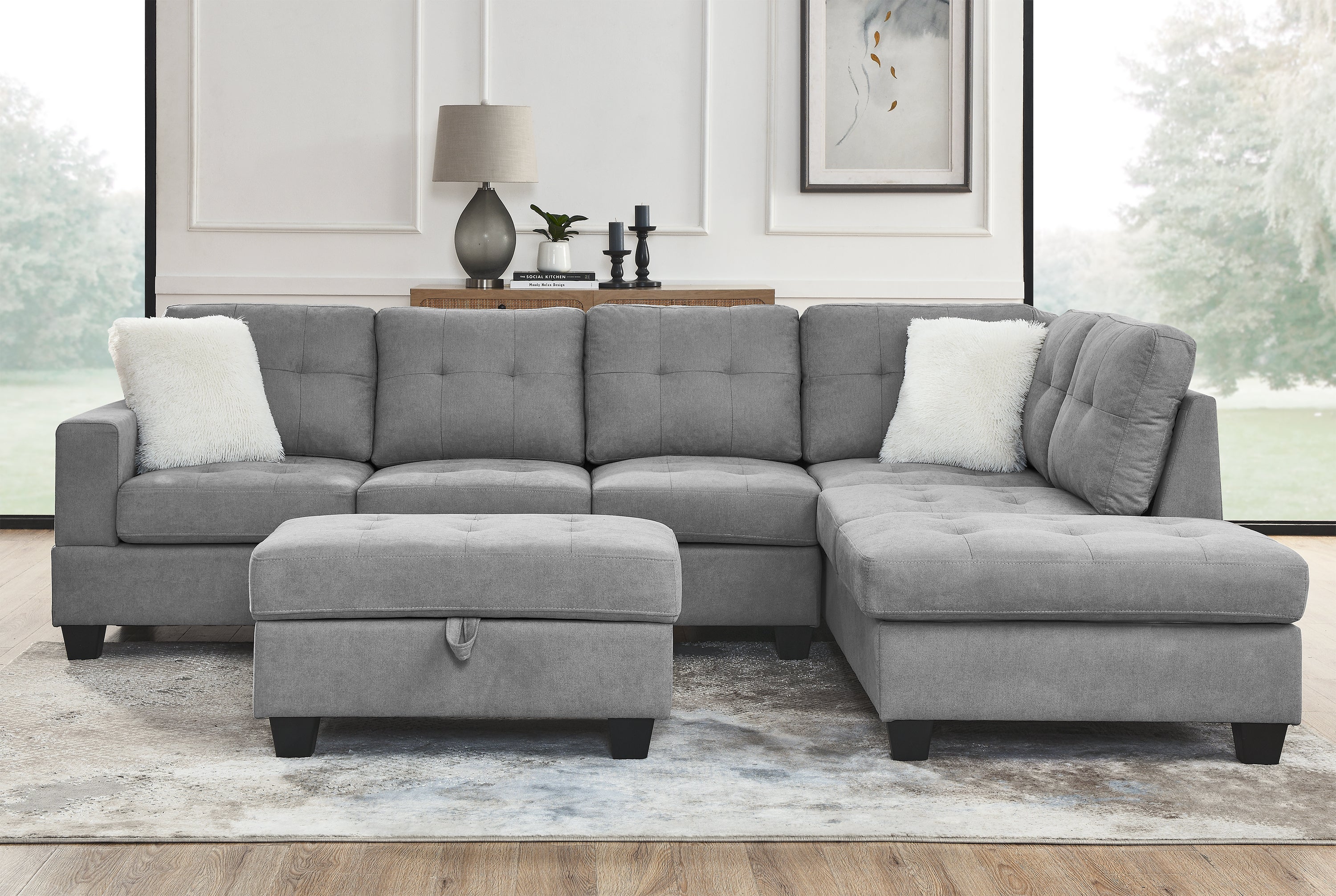 107" Fabric Sectional Sofa Couch with Storage Ottoman, L Shape sofa with Folded Cup Holder Panel for Living Room, Light Gray, Pocket Coil Spring in Seats