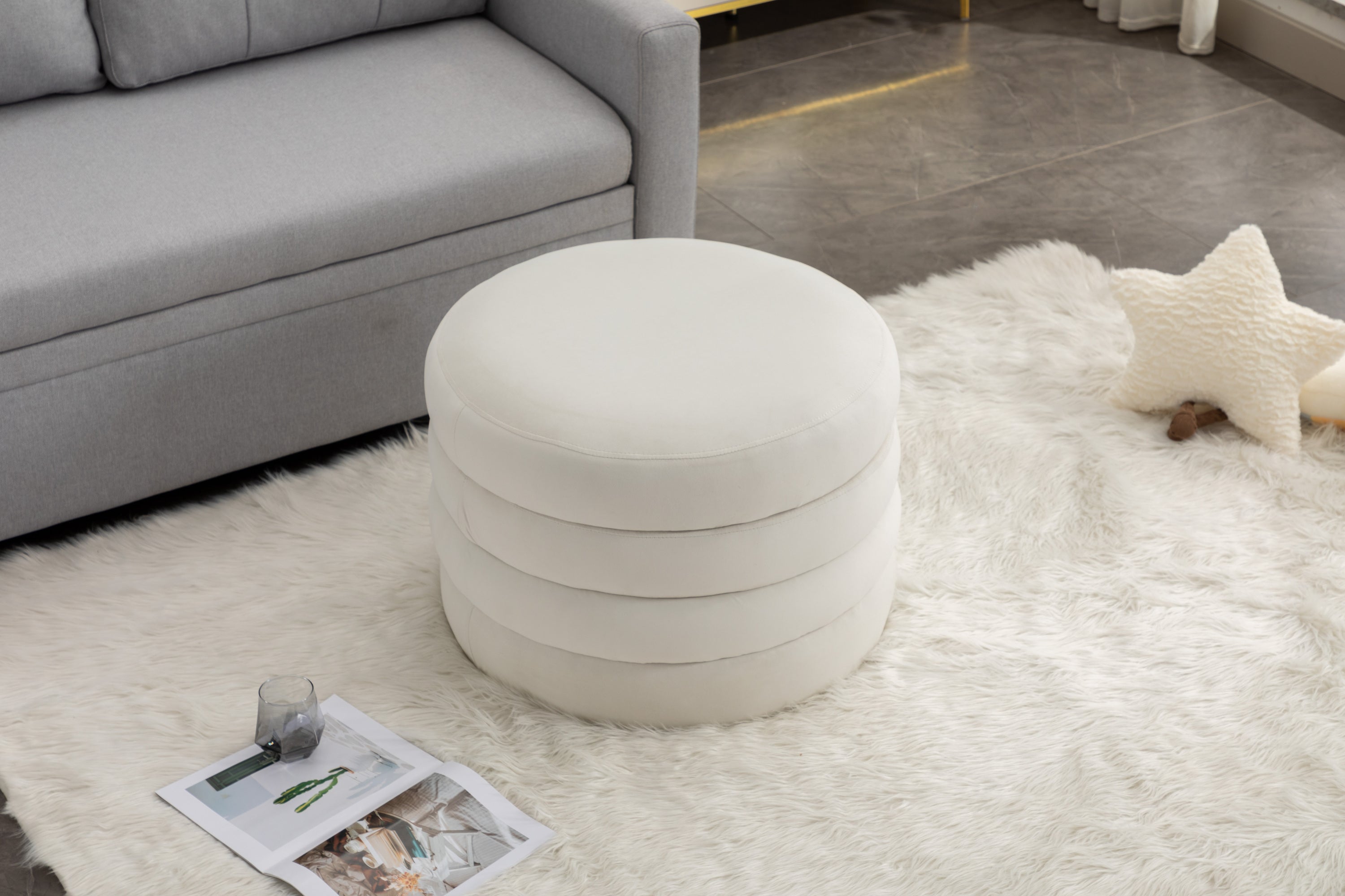 007-Velvet Fabric Storage Round Ottoman Footstool With Wooden Shelving,Ivory