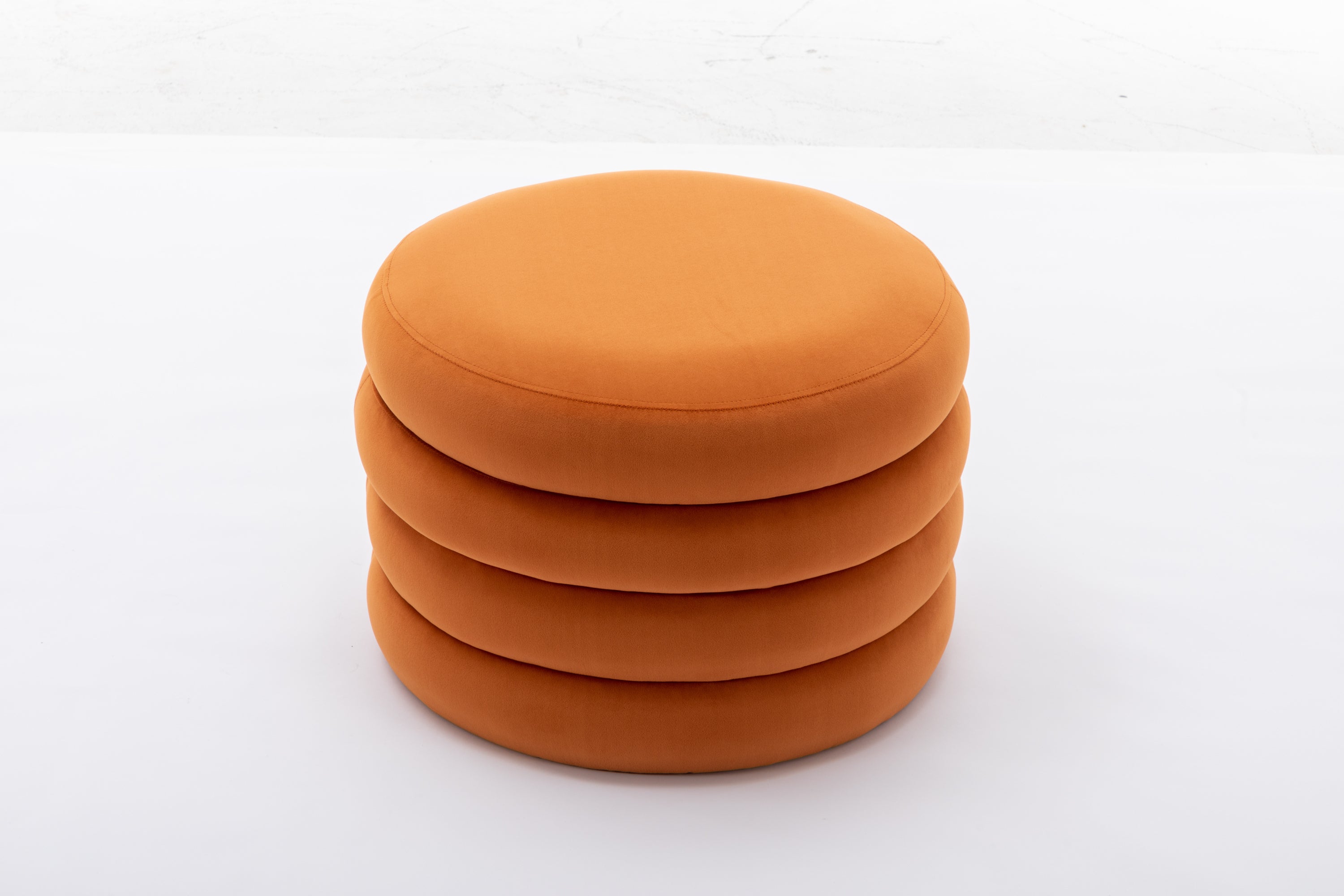 007-Velvet Fabric Storage Round Ottoman Footstool With Wooden Shelving,Orange