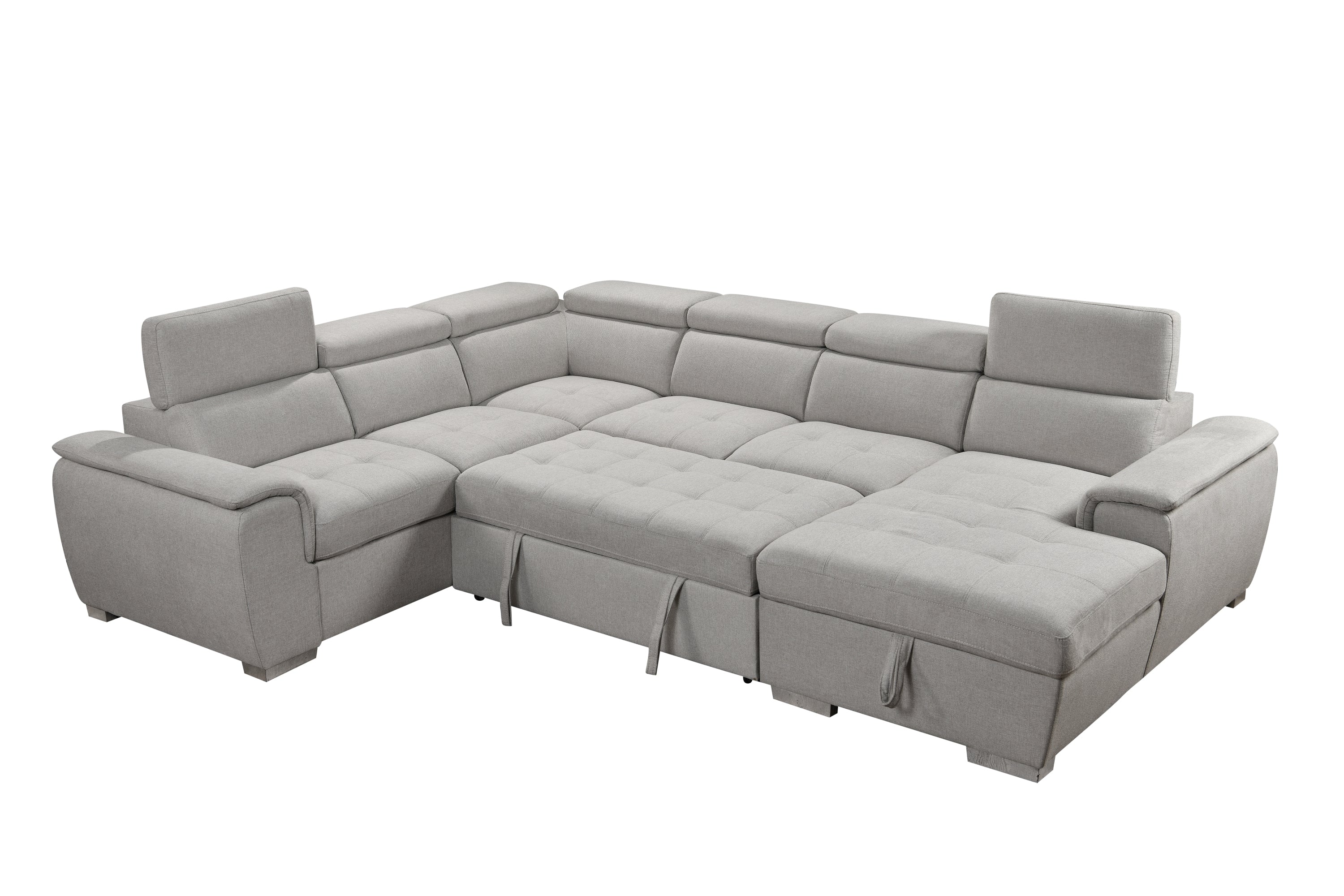 125" Modern U Shaped 7-seat Sectional Sofa Couch with Adjustable Headrest, Sofa Bed with Storage Chaise-Pull Out Couch Bed for Living Room ,Beige