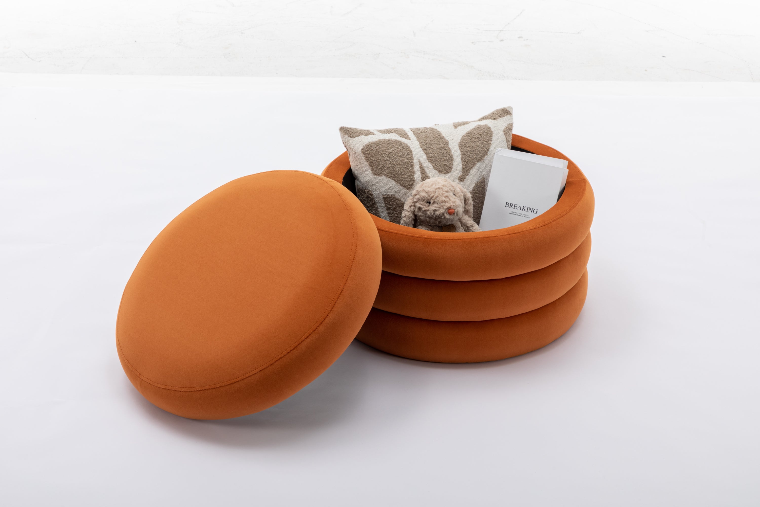 007-Velvet Fabric Storage Round Ottoman Footstool With Wooden Shelving,Orange