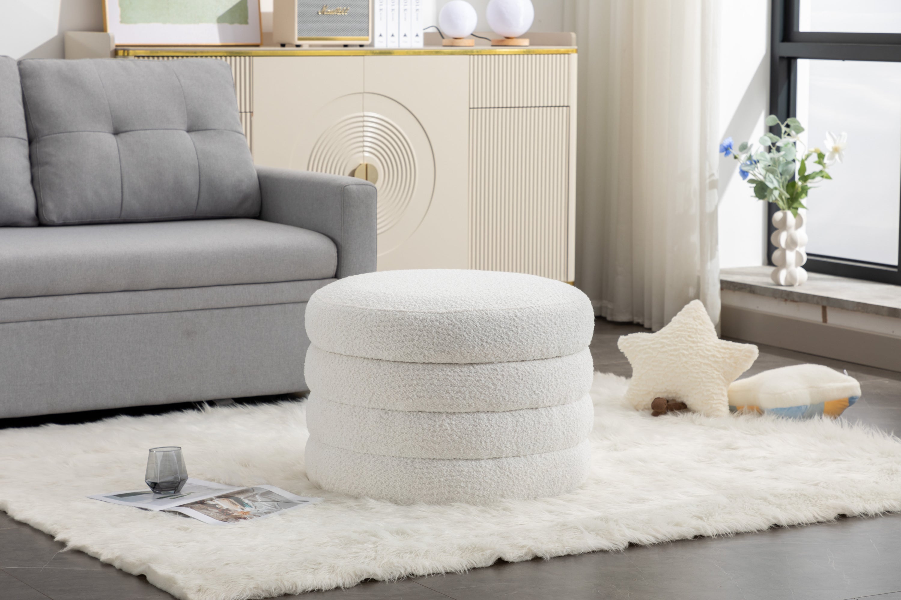 007-Boucle Fabric Storage Round Ottoman Footstool With Wooden Shelving,Ivory