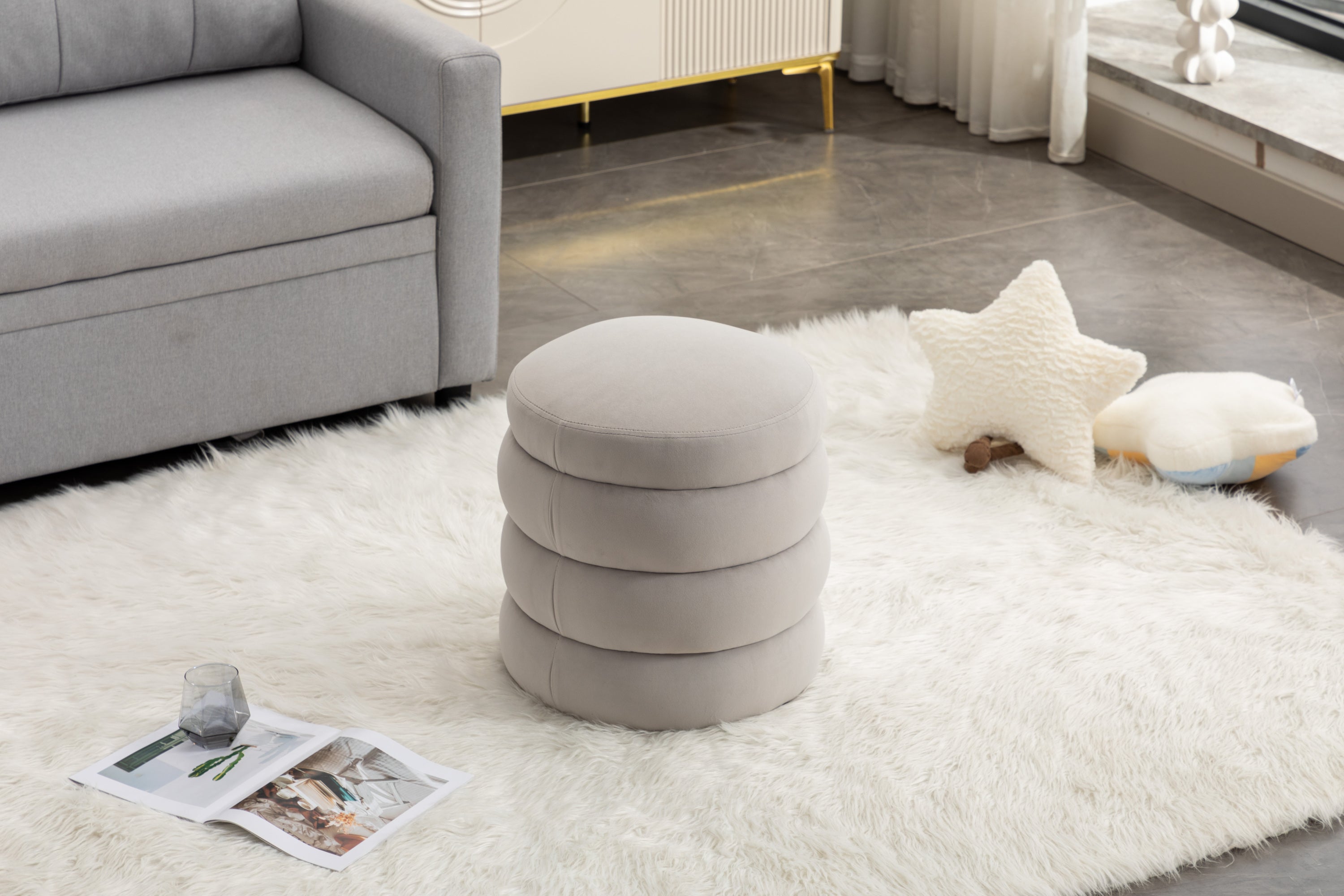 006-Soft Velvet Round Ottoman Footrest Stool,Light Gray