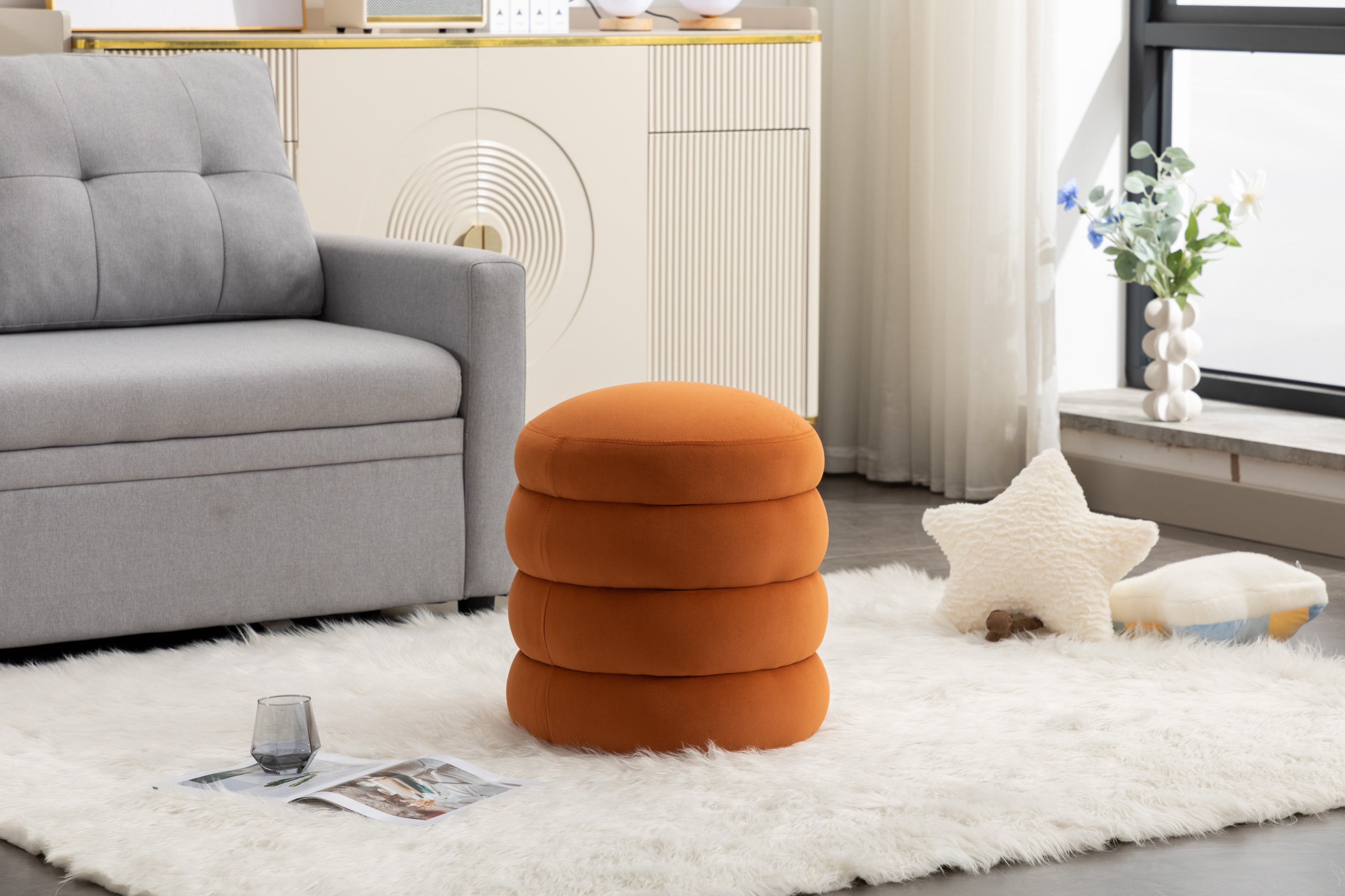 006-Soft Velvet Round Ottoman Footrest Stool,Orange