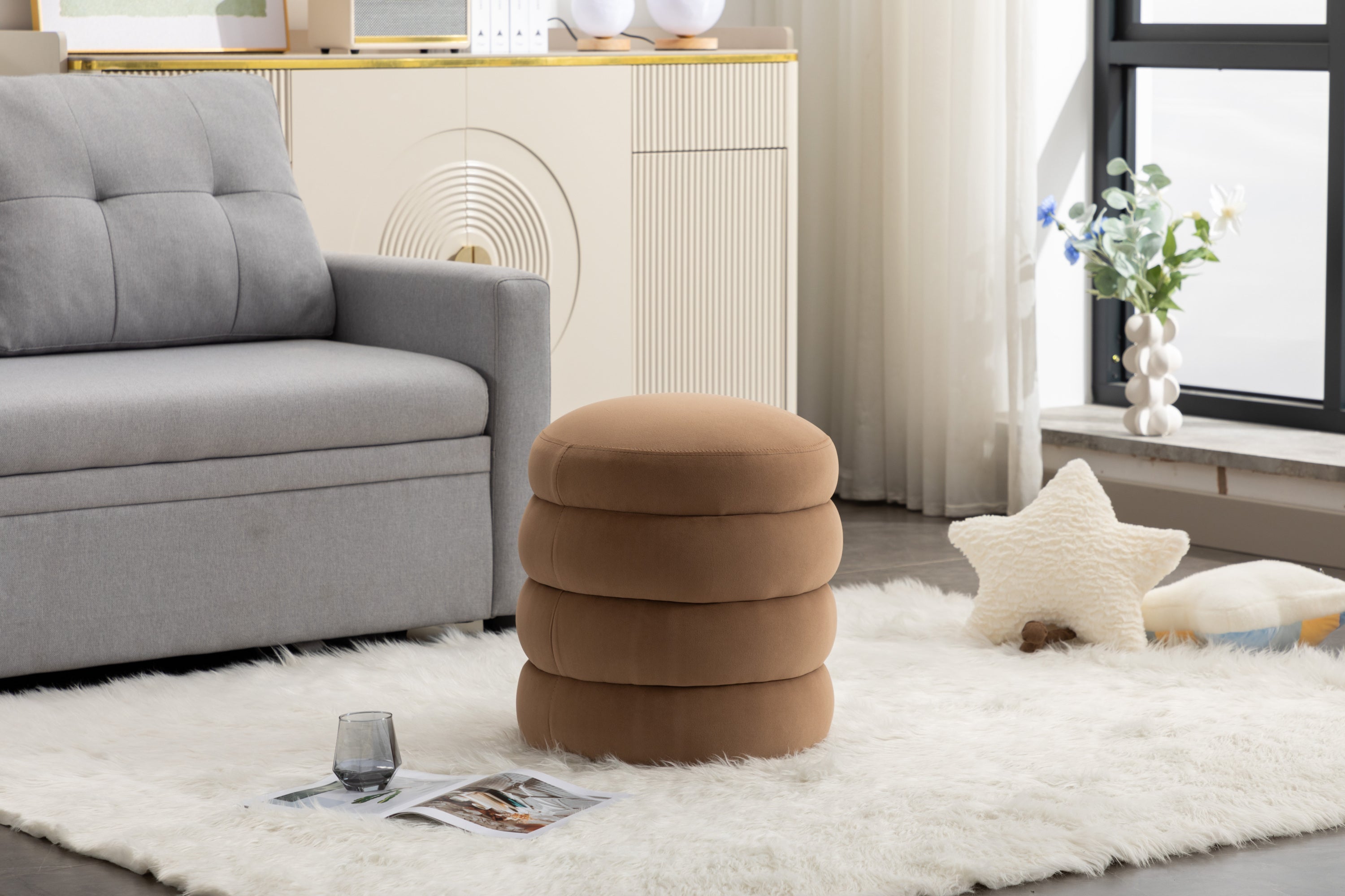 006-Soft Velvet Round Ottoman Footrest Stool,Coffee