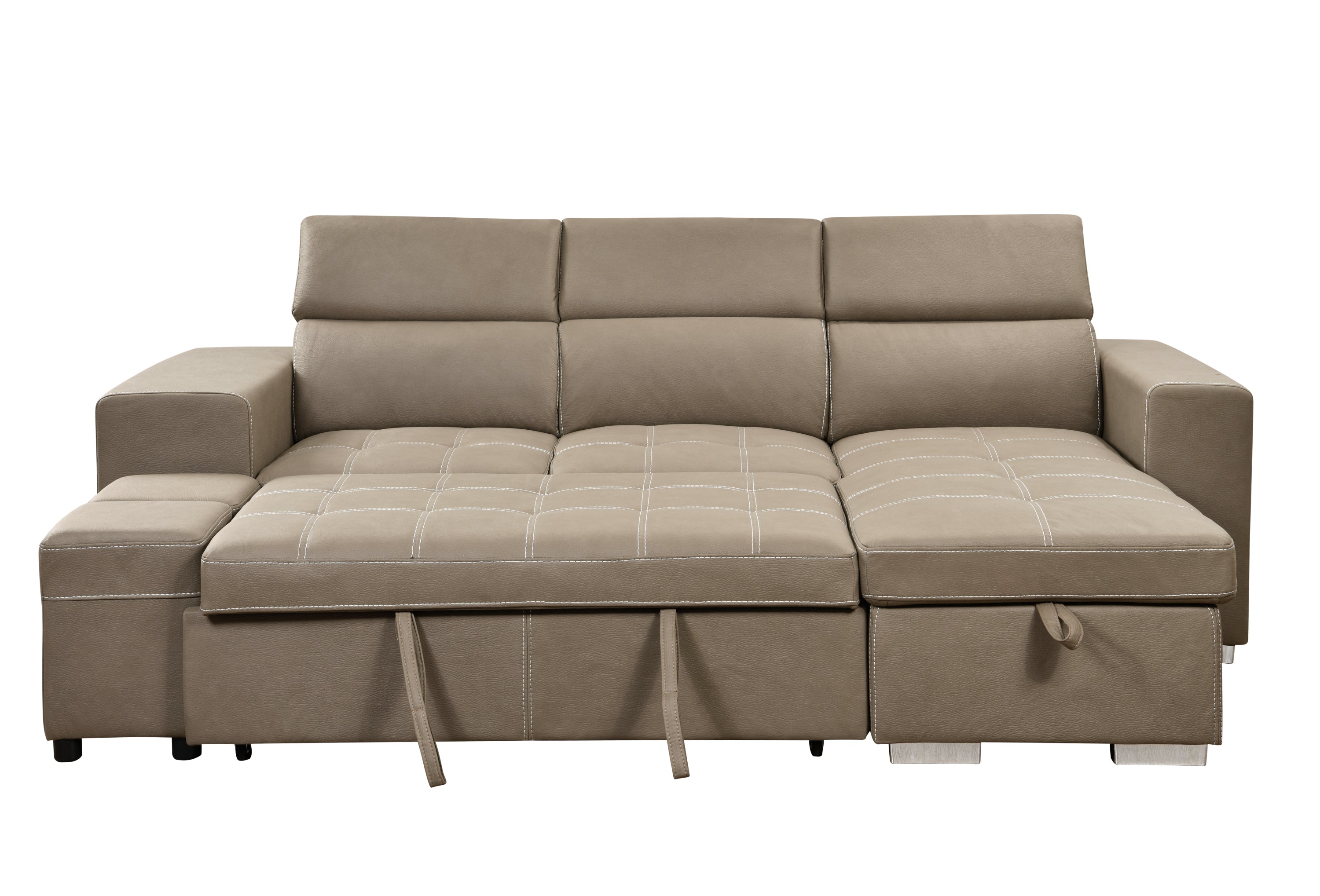 105 inch Reversible Sectional Sofa with Storage Chaise and 2 Stools, with Adjustable Headrest, Sleeper Contemporary Corner Sectional with Pull-Out Sleeper and Chaise ,Light Brown