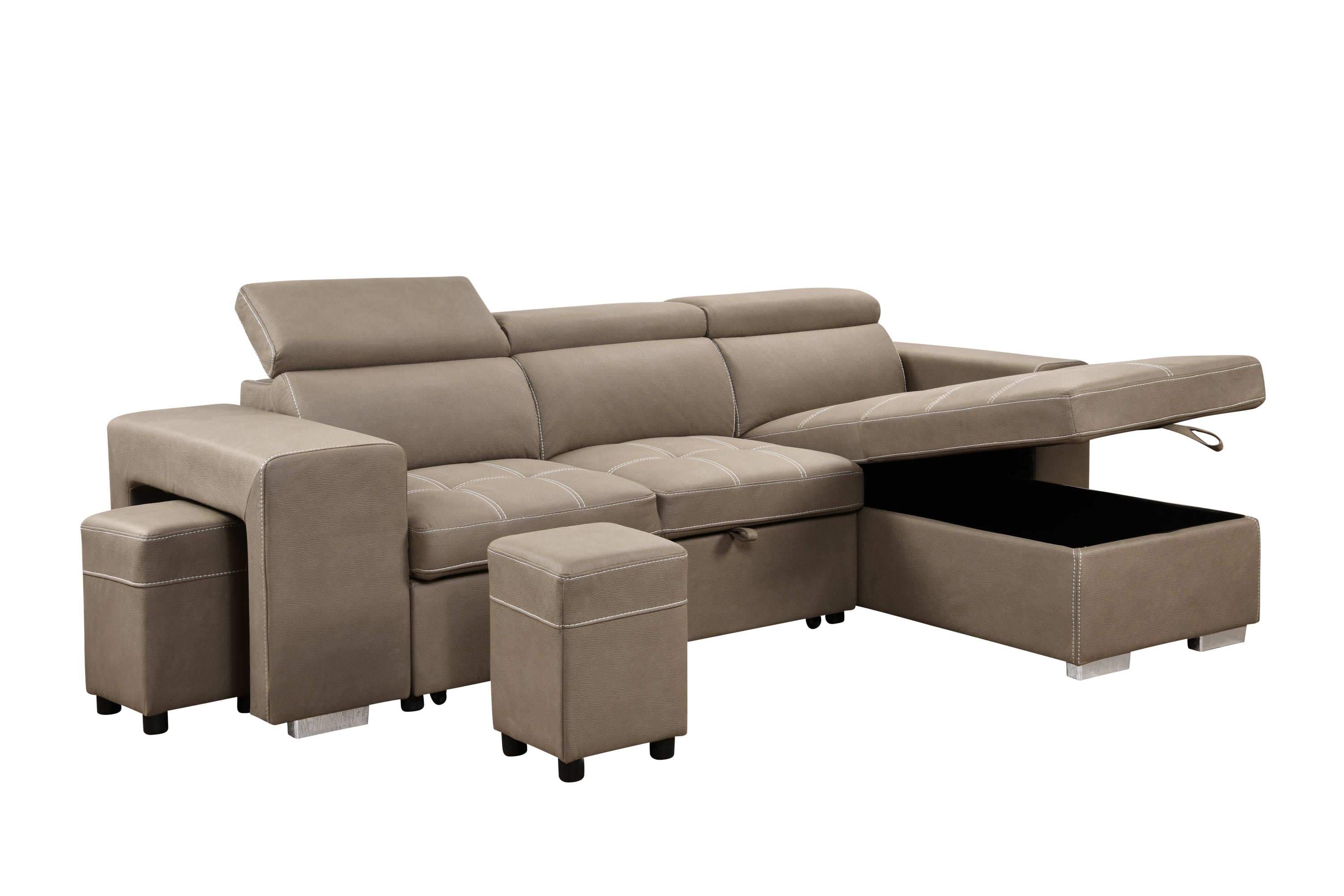 105 inch Reversible Sectional Sofa with Storage Chaise and 2 Stools, with Adjustable Headrest, Sleeper Contemporary Corner Sectional with Pull-Out Sleeper and Chaise ,Light Brown