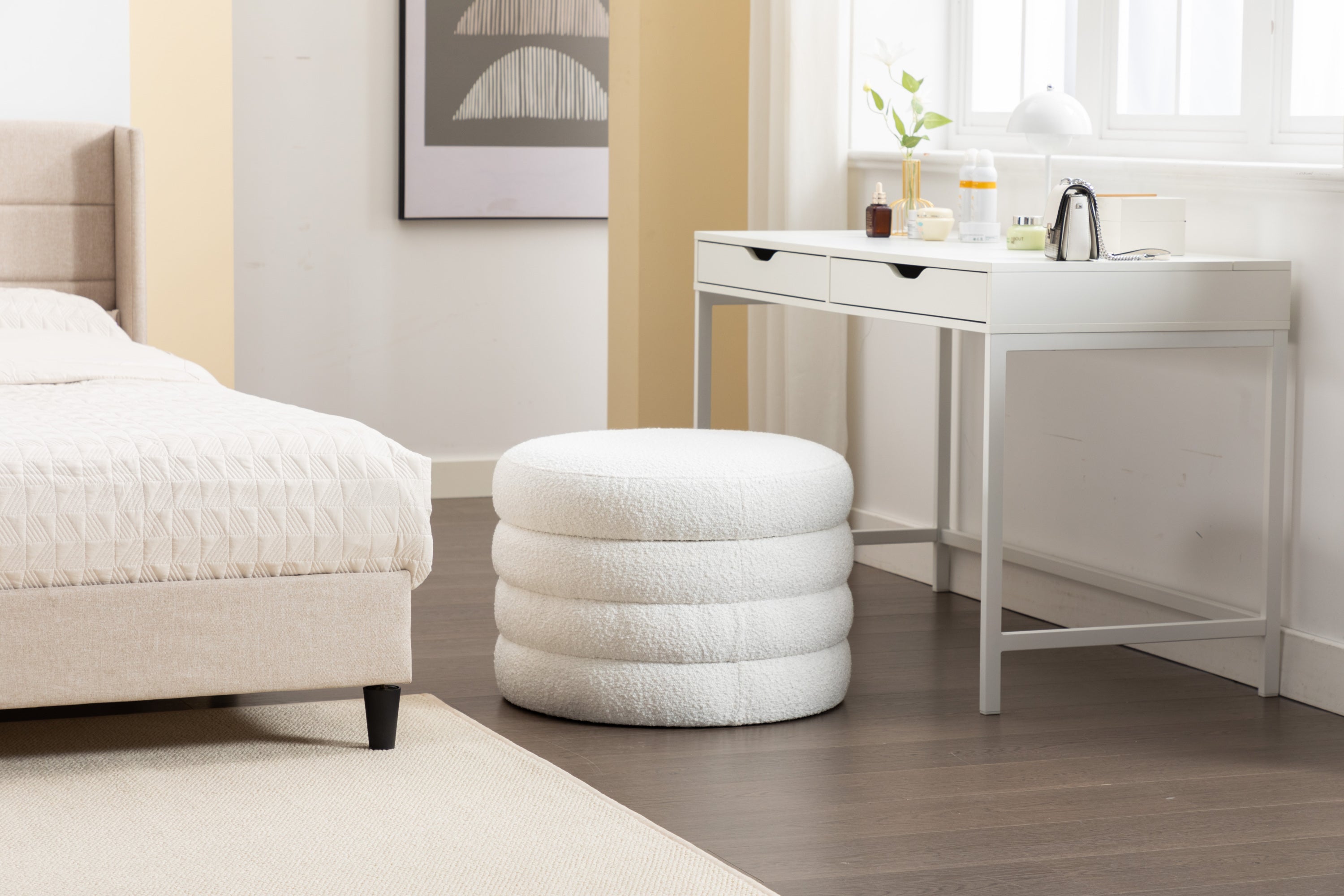 007-Boucle Fabric Storage Round Ottoman Footstool With Wooden Shelving,Ivory