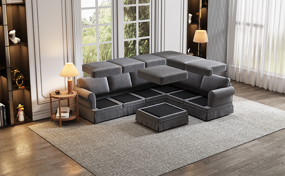 108.6" Fabric Upholstered Modular Sofa Collection, Modular Customizable ,Sectional Couch with removable Ottoman for Living Room, Gray