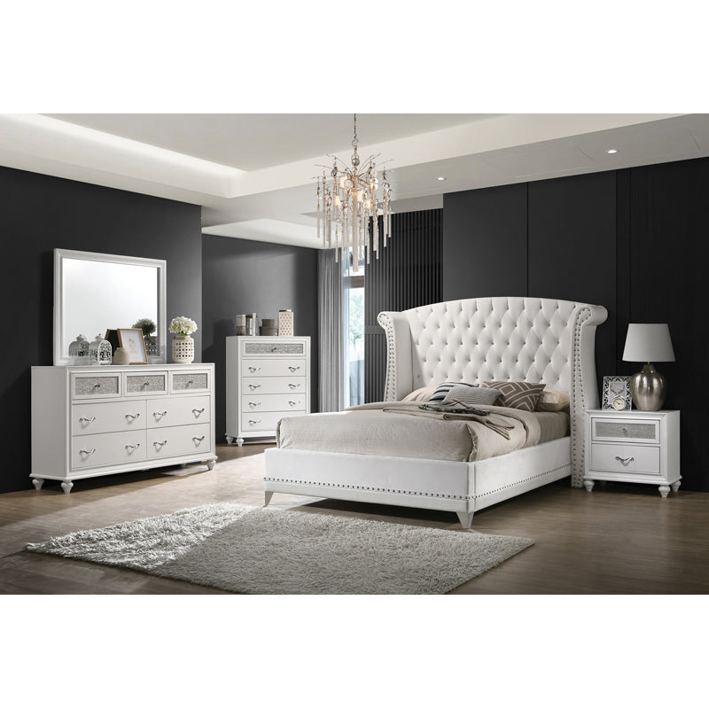 Barzini Upholstered Tufted Bedroom Set White Eastern King 4 Pc Set