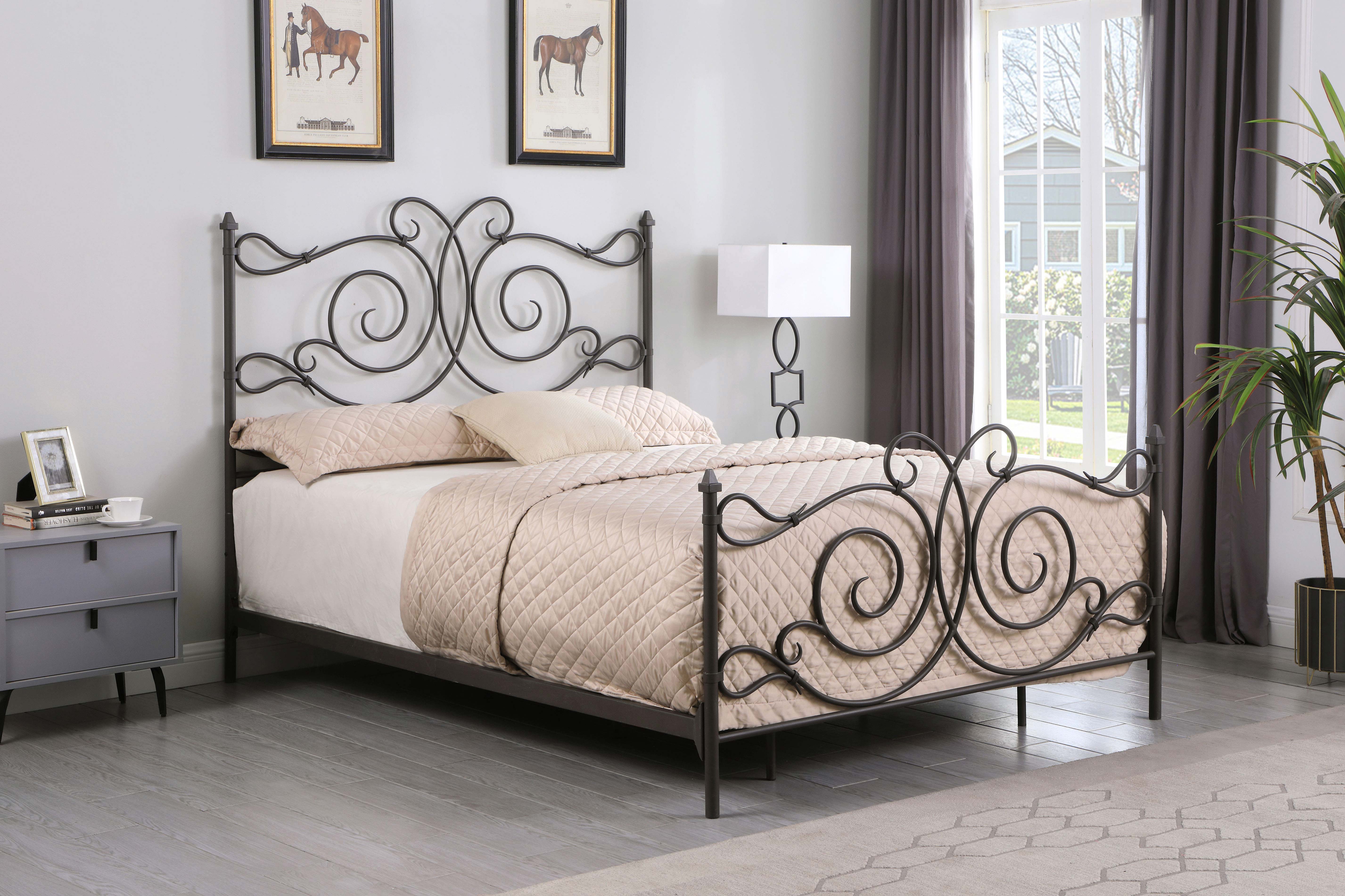 Parleys Eastern King Metal Bed with Scroll Headboard Dark Bronze