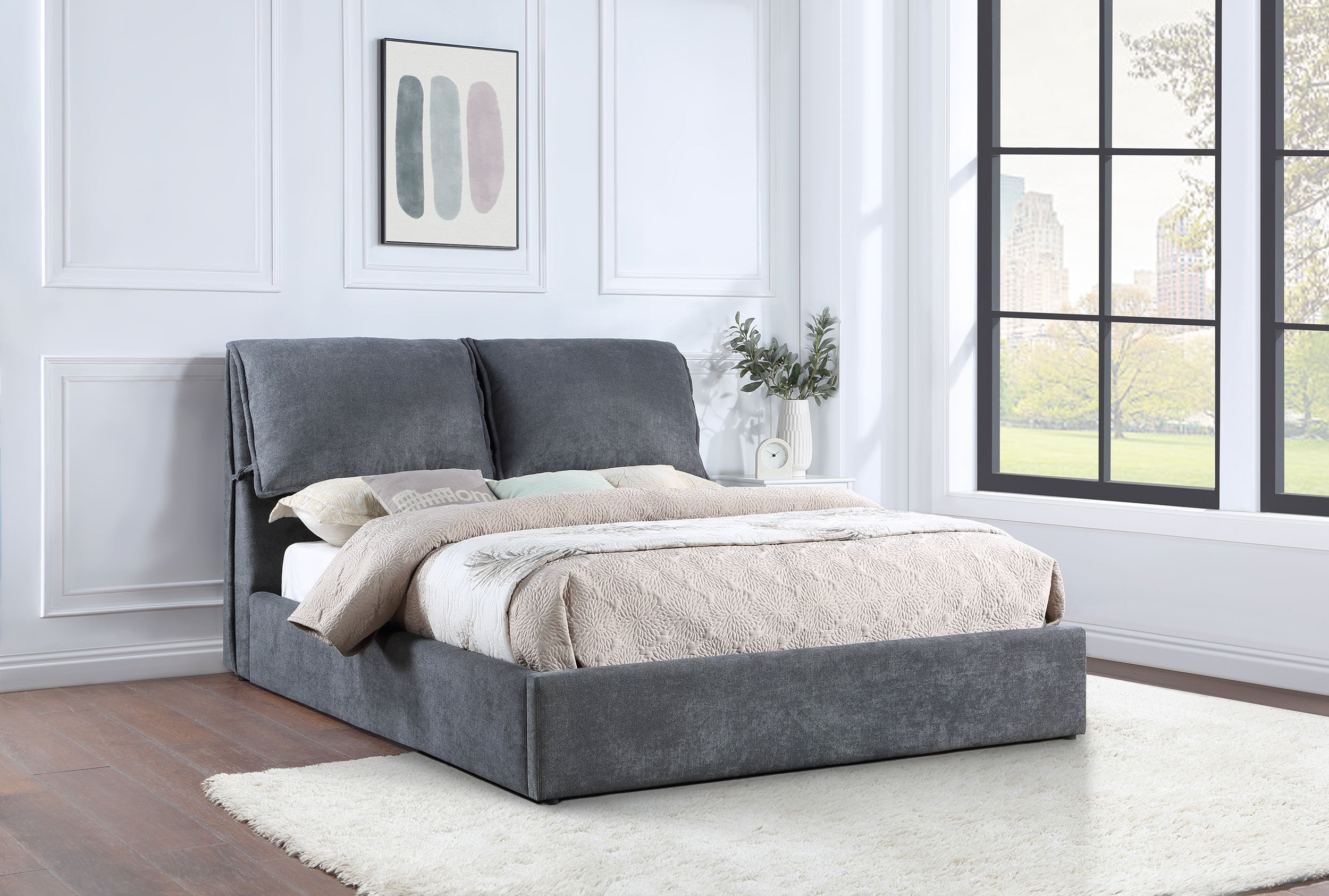 Laurel Upholstered Queen Platform Bed with Pillow Headboard Charcoal Grey