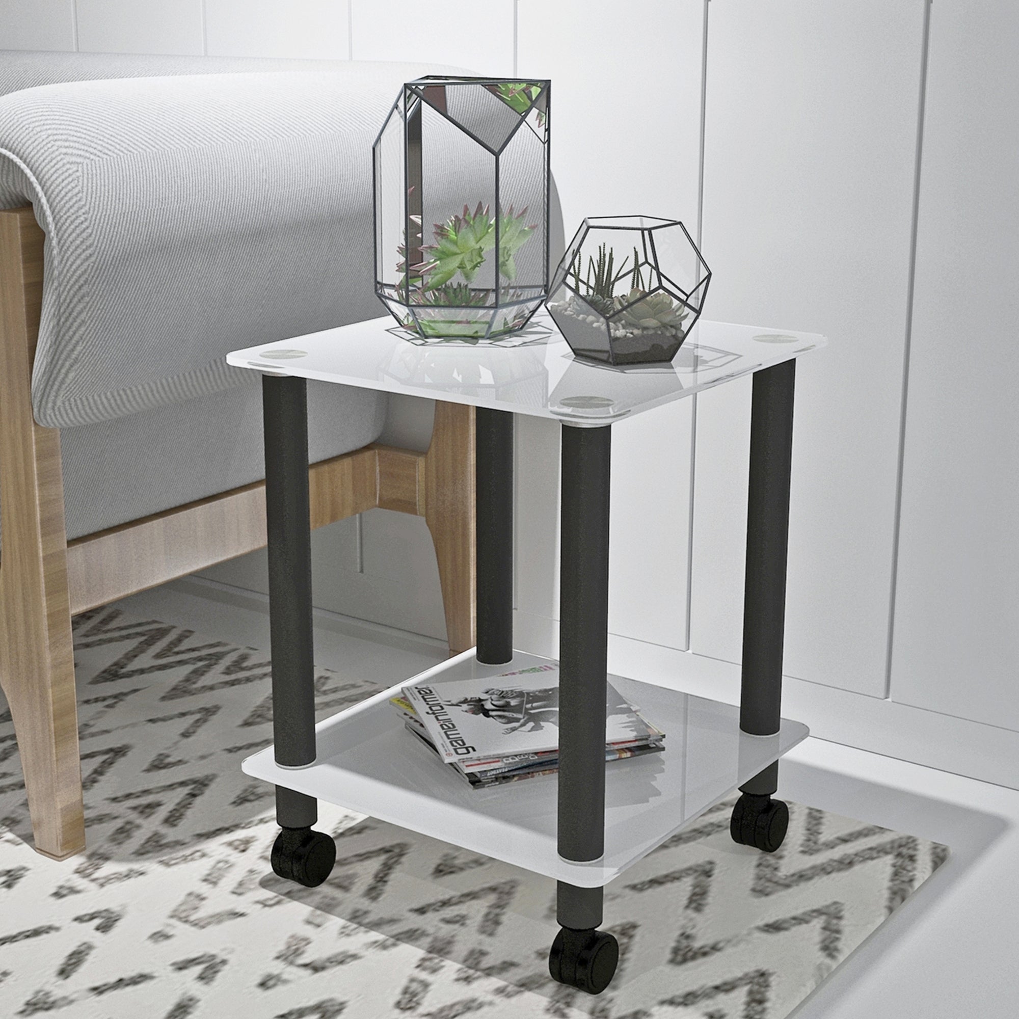 1-Piece White+Black Side Table , 2-Tier Space End Table ,Modern Night Stand, Sofa table, Side Table with Storage Shelve