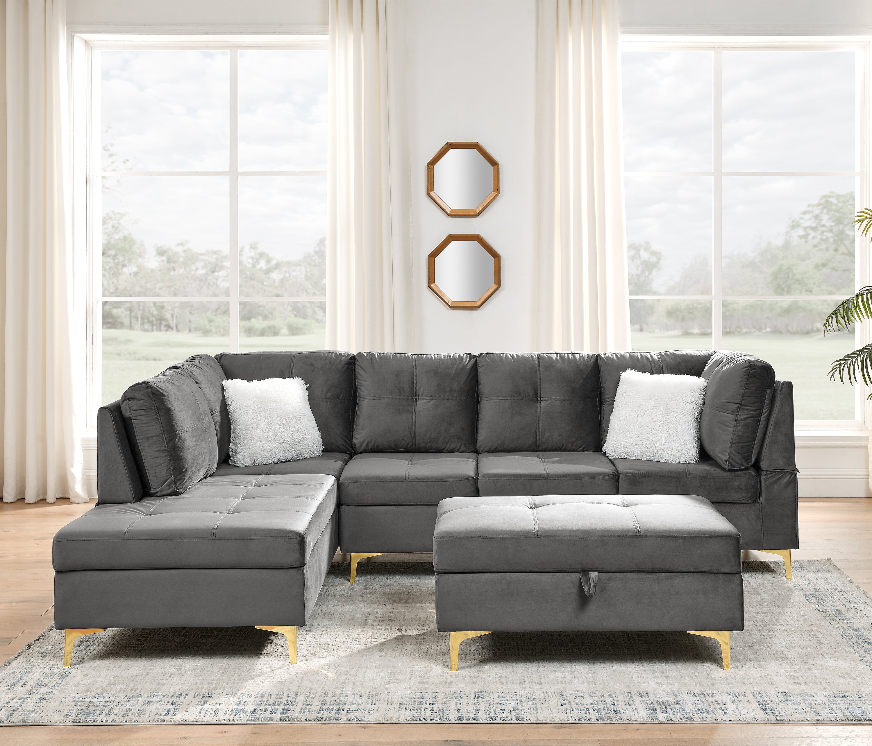 103" Velvet Sectional Sofa, L Shape Corner Couch with Storage Ottoman for Living Room, Gray Fabric, Pocket Coil Spring in Seats, Chaise face Left