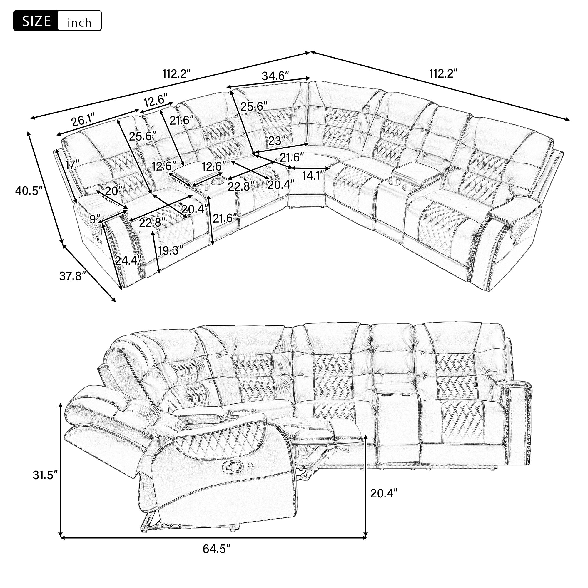 112.2" Manual Reclining Sectional Sofa Set L Shaped Symmetrical Motion Sofa Corner Couch Sets with Storage Boxes, 4 Cup Holders and LED Light Strip for Living Room, Brown