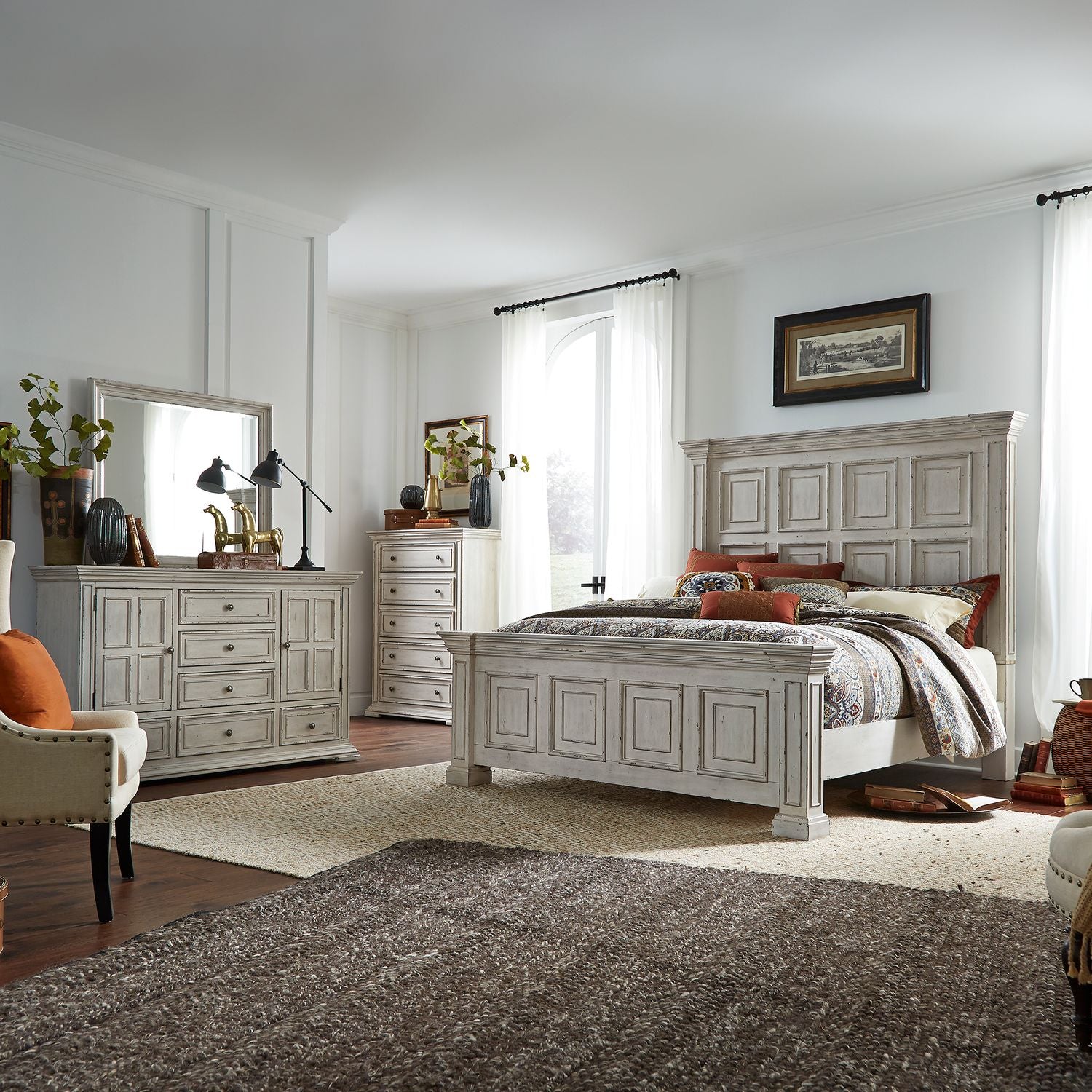 Aakruti Queen Panel Bed, Dresser & Mirror, Chest