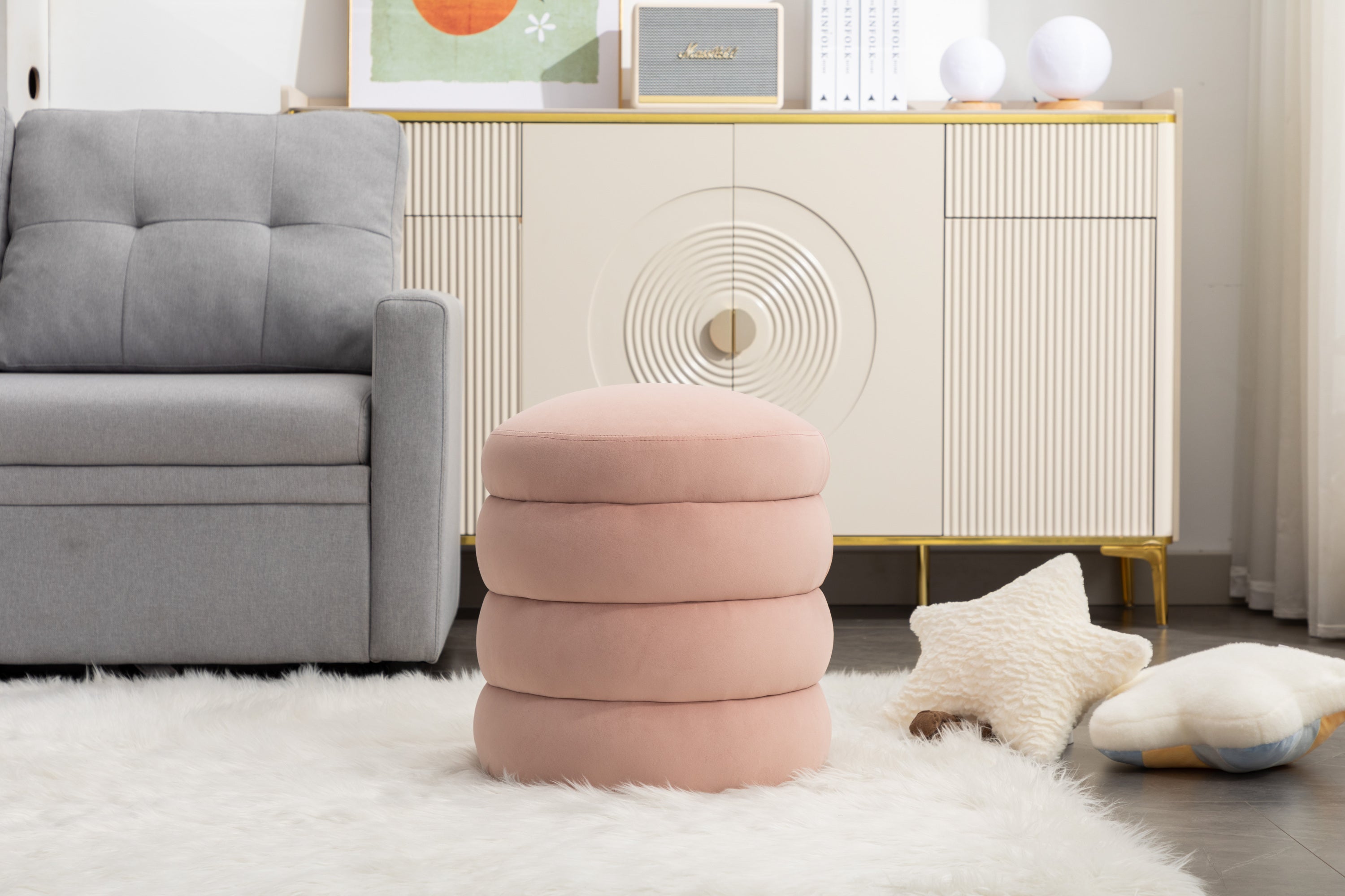 006-Soft Velvet Round Ottoman Footrest Stool,Pink