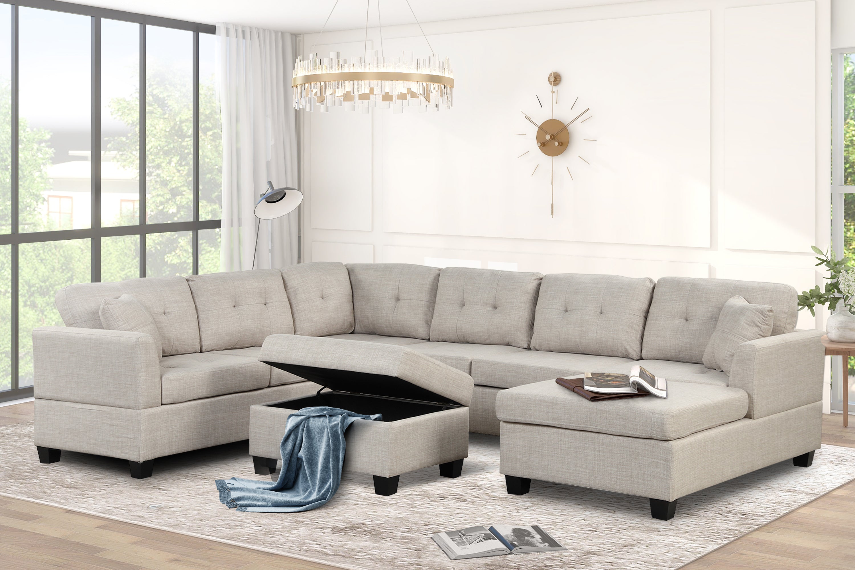 121.3" Oversized Sectional Sofa with Storage Ottoman, U Shaped Sectional Couch with 2 Throw Pillows for Large Space Dorm Apartment