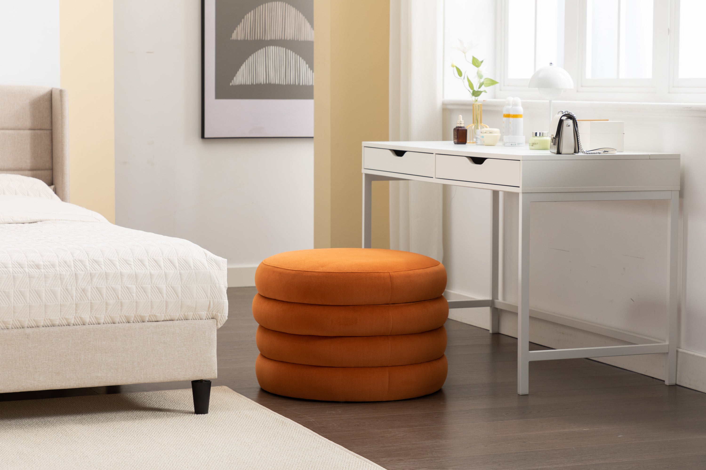 007-Velvet Fabric Storage Round Ottoman Footstool With Wooden Shelving,Orange